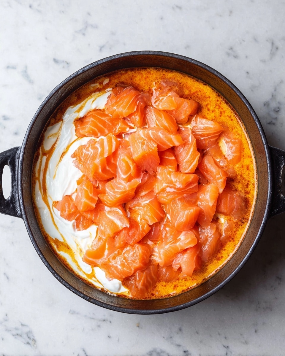 A round black cast iron pot with two handles holds a dish with three main layers visible from the top view. The bottom layer is an orange-red sauce with a smooth, slightly oily texture. On one side of the sauce, there is a layer of white cream that is partially mixed with the sauce, creating a swirled effect. The top layer consists of many small, raw salmon pieces that are a bright pinkish-orange color with fine white lines running through them, scattered evenly across the surface. The pot is placed on a white marbled surface. Photo taken with an iphone --ar 4:5 --v 7
