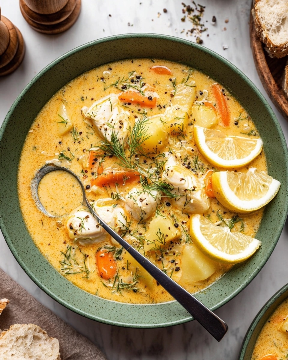 A large black pot filled with a creamy yellow soup that has visible chunks of orange carrots, pale yellow potatoes, and white pieces of fish or chicken scattered evenly throughout. The soup is thick with small green herbs mixed in and two thin lemon slices resting on top near the center, along with a small sprig of fresh dill. There are black pepper specks sprinkled all over the surface. The pot is placed on a white marbled surface with a piece of torn bread in the bottom right corner, two wooden salt and pepper shakers on the left, a green plate with two silver spoons in the top left, and a black plate holding extra lemon wedges in the top right. photo taken with an iphone --ar 4:5 --v 7