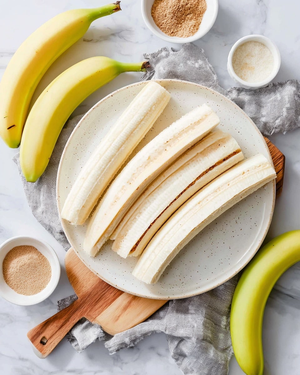 The image shows a white speckled plate with four long peeled banana halves laid side by side, each banana showing a smooth creamy white inside with faint brown lines in the center. The plate is set on a light wooden cutting board, which rests on a wrinkled light grey cloth on a white marbled surface. Around the plate, there are three whole bright yellow bananas, a small white bowl with light brown powder, another small white bowl with a coarse light brown substance, and an empty white bowl. The colors are soft and natural with a fresh feel. Photo taken with an iphone --ar 4:5 --v 7