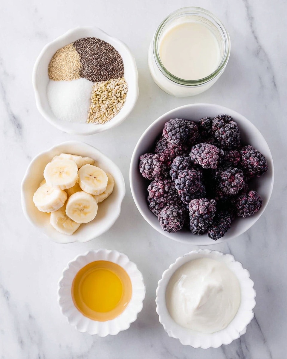 The image shows five small white bowls arranged on a white marbled surface. The top left bowl holds four sections of brown, cream, and tan powders and seeds placed evenly next to each other. To the right, a small jar filled with creamy white liquid sits. Below the jar, a larger white bowl is full of dark purple and black frozen blackberries with a frosty texture. To the left of the frozen berries, a small white bowl contains evenly sliced pieces of banana. Next to the slices, a small white bowl holds a pool of golden honey, and at the bottom right corner, a white scalloped bowl contains smooth white yogurt. photo taken with an iphone --ar 4:5 --v 7