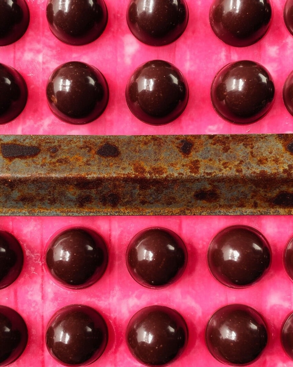 The image shows several pieces of dark chocolate treats arranged closely on a white marbled surface. Most of the pieces are square with a smooth glossy dark brown chocolate coating and thin, darker chocolate drizzle lines across the top. Some squares have small golden sprinkles on one corner. There is one triangular piece in the center, showing the smooth, rich dark chocolate interior inside the same dark chocolate coating. At the back, there is one long rectangular piece with a similar dark chocolate coating and drizzle. Everything looks rich and glossy with a smooth texture and neat shapes. Photo taken with an iphone --ar 4:5 --v 7