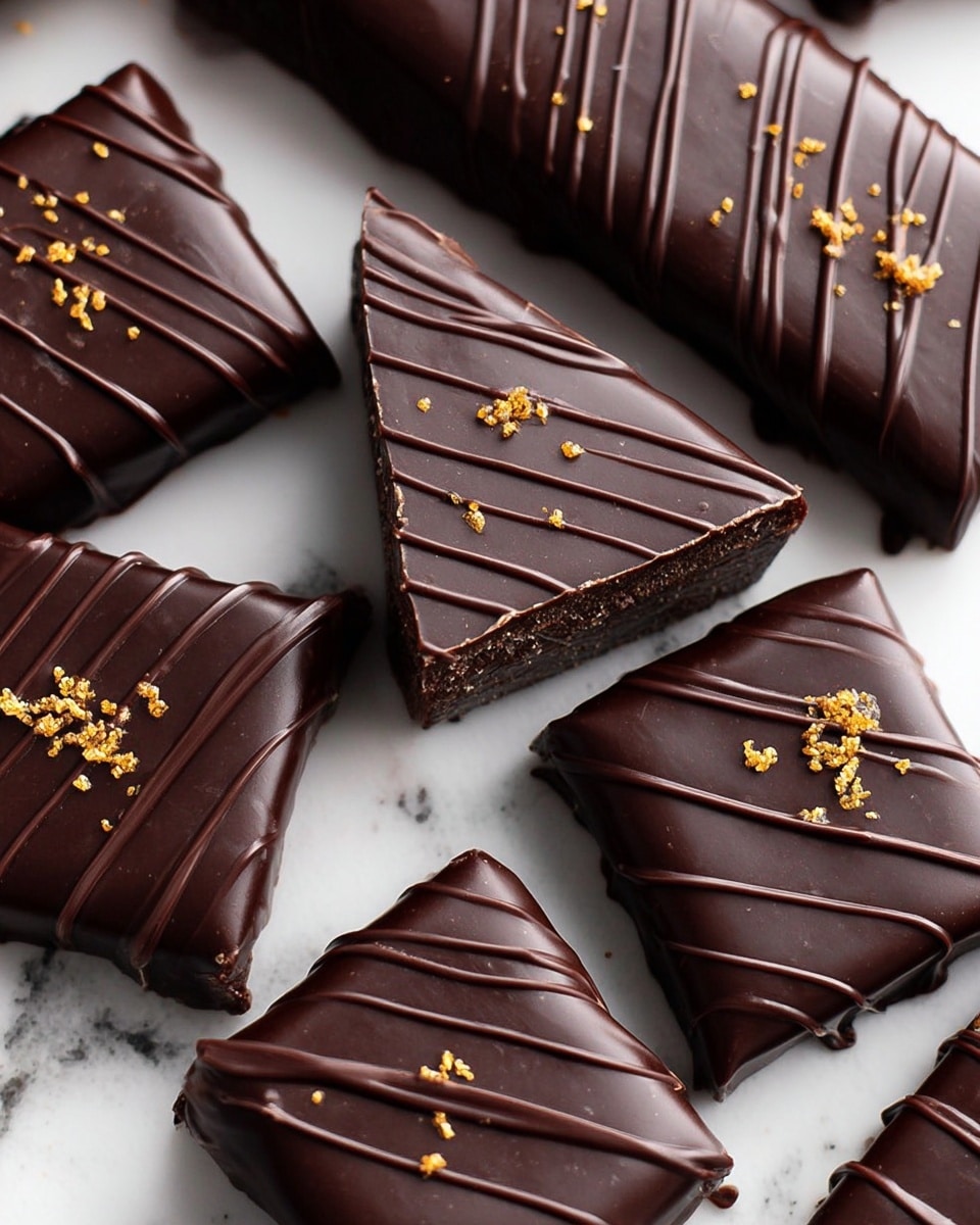 A black tray holds twelve pieces of dark chocolate chocolates arranged in three rows of four. Most chocolates are square with a smooth, shiny dark brown surface, while a few have thin, wavy chocolate drizzle on top. Some chocolates have small golden sprinkles, and two have small white flakes on top. The chocolates sit on a golden wrapper lining the tray's back. The tray is placed on a wooden board with a white marbled surface beneath it. Photo taken with an iphone --ar 4:5 --v 7