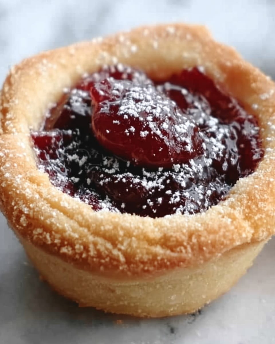 The image shows several small tartlets arranged on a black metal cooling rack over a white marbled surface. Each tartlet has two layers: a light golden-brown crust forming a cup shape on the outside, and a dark red fruit jam filling in the center. The crust looks crumbly and slightly thick, holding the jam snugly inside. A light dusting of powdered sugar covers the top of the jam layer, creating a fine white powder that contrasts with the dark red color. The tartlets are spaced evenly, with some close to the camera and others blurred softly in the background. photo taken with an iphone --ar 4:5 --v 7