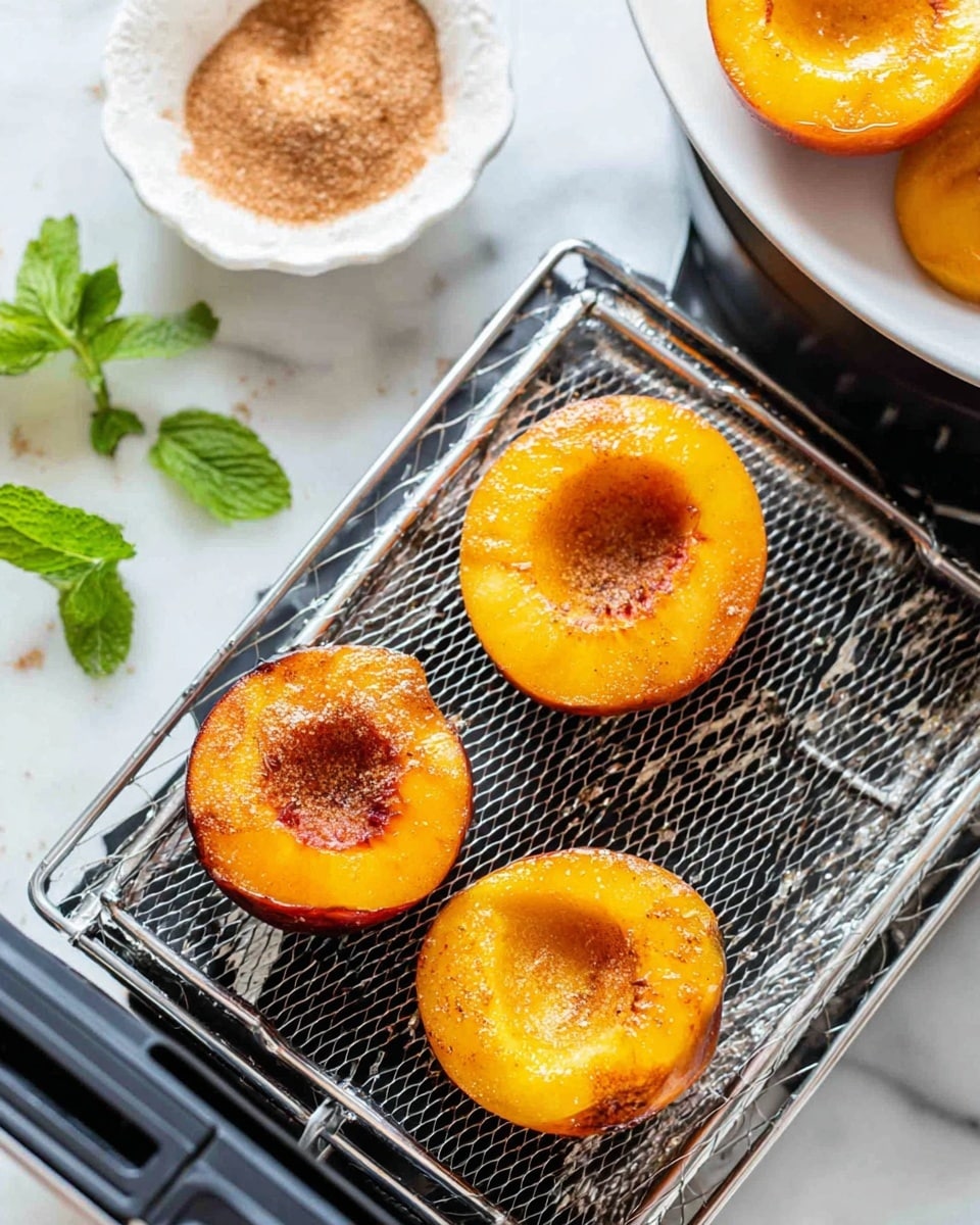 Two white plates hold peaches on a white marbled surface. The plate on the left has three peach halves showing a soft orange inside with empty pits, each paired with green mint leaves, all resting on a white cloth. The plate on the right has two peach halves with a full peach, showing a reddish skin with a velvety texture, also garnished with mint leaves. Near the plates, there is a small white bowl filled with brown sugar and another small empty white bowl. Two golden spoons lie on the surface above the plates. Photo taken with an iphone --ar 4:5 --v 7