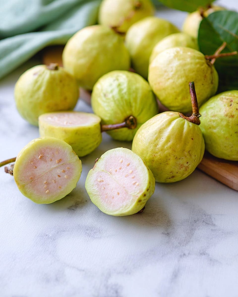 Two clear glasses filled with smooth, light pink creamy drink sit on a round wooden board. Around the glasses on the board, there are several thin slices of pale green fruit with white centers and seeds. A whole small green fruit is placed nearby. The setup is on a white marbled surface with a soft green cloth draped to the side and some blurred flowers with pink and green colors in the background. Photo taken with an iphone --ar 4:5 --v 7