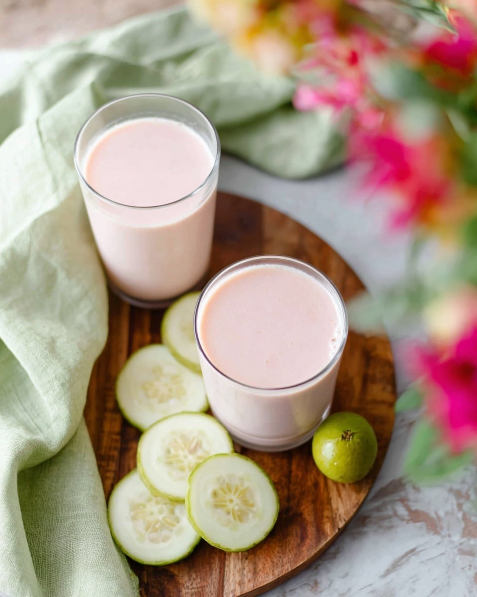 Two clear glass cups are filled with light pink smoothie, each cup has a blue and white striped straw in the center. The cups sit on a round wooden board with visible tree bark on the edge. To the right of the board, there are three thin pale yellow slices of fruit with light seeds. In the background, there is a white bowl holding a few green lemons and a blurred green plant with red flowers. The surface underneath is white marble with soft veins, photo taken with an iphone --ar 4:5 --v 7