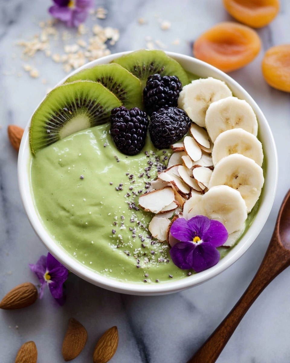 The image shows three smoothie bowls filled with thick, green smoothie. The bowl in the front is gray and filled with a green smoothie base, topped with a row of dark blackberries, a row of light green kiwi slices, a row of white banana slices, sprinkled chia seeds, white almond flakes, and a small purple flower for decoration. Behind it, two white bowls also hold green smoothie, decorated with banana slices, almond flakes, chia seeds, and purple flowers. Around the bowls, halves of green avocados with brown pits and dried orange apricots are scattered on a white marbled surface along with white almond flakes and black chia seeds. A white spoon with some seeds sits between the bowls. The scene is bright and natural. photo taken with an iphone --ar 4:5 --v 7