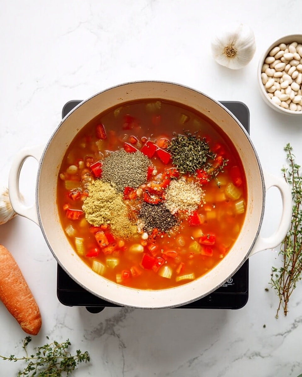 A close-up of a ladle filled with thick soup held above a pot with a white marbled texture background. The soup has a rich reddish-brown broth with visible layers of soft white beans, small green beans, diced orange carrots, dark red kidney beans, chopped tomatoes, and scattered green herbs. The ladle is dark-colored, and the soup looks hearty with a mix of smooth and chunky textures. Photo taken with an iphone --ar 4:5 --v 7