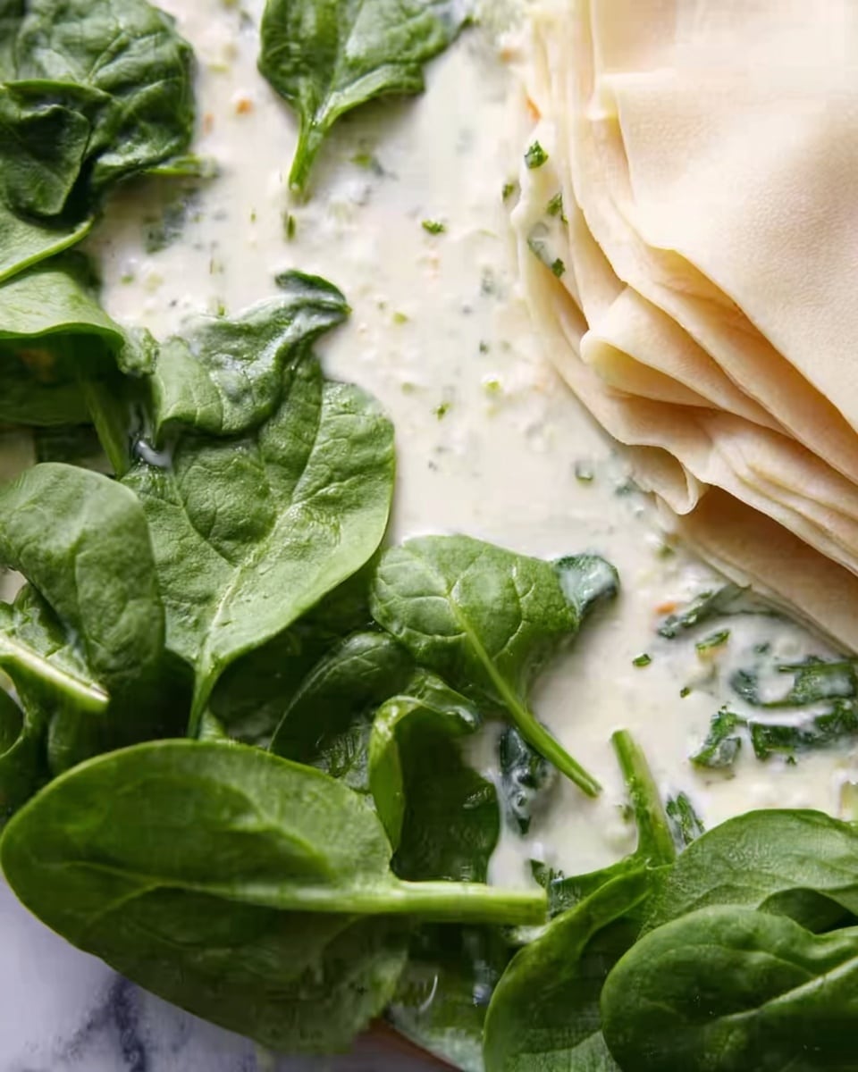 The image shows a close-up of fresh, green spinach leaves scattered on a creamy white sauce layer that has small green herbs mixed in. On the right side of the image, there is a stack of pale, wide pasta sheets folded carefully, showing off their smooth, slightly wrinkled texture. The whole scene is set on a white marbled surface. Photo taken with an iphone --ar 4:5 --v 7