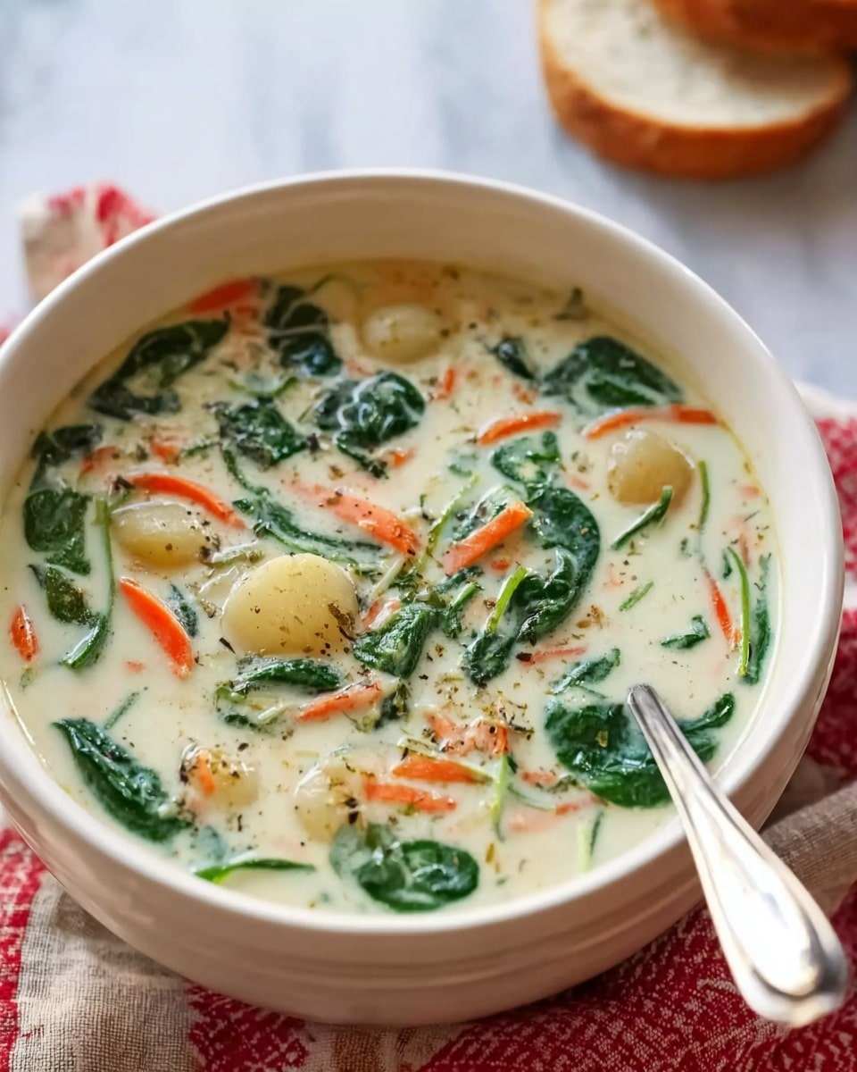 A white ladle holds a creamy soup filled with three visible layers: the bottom layer is a smooth white broth with small black specks, the middle layer contains soft white gnocchi with a slightly ridged texture, and the top layer has bright orange thin carrot strips and fresh dark green spinach leaves, along with tender white pieces of chicken visible on the sides; the ladle is held above a white bowl filled with the same soup, resting on a white marbled surface with scattered spinach leaves around. photo taken with an iphone --ar 4:5 --v 7