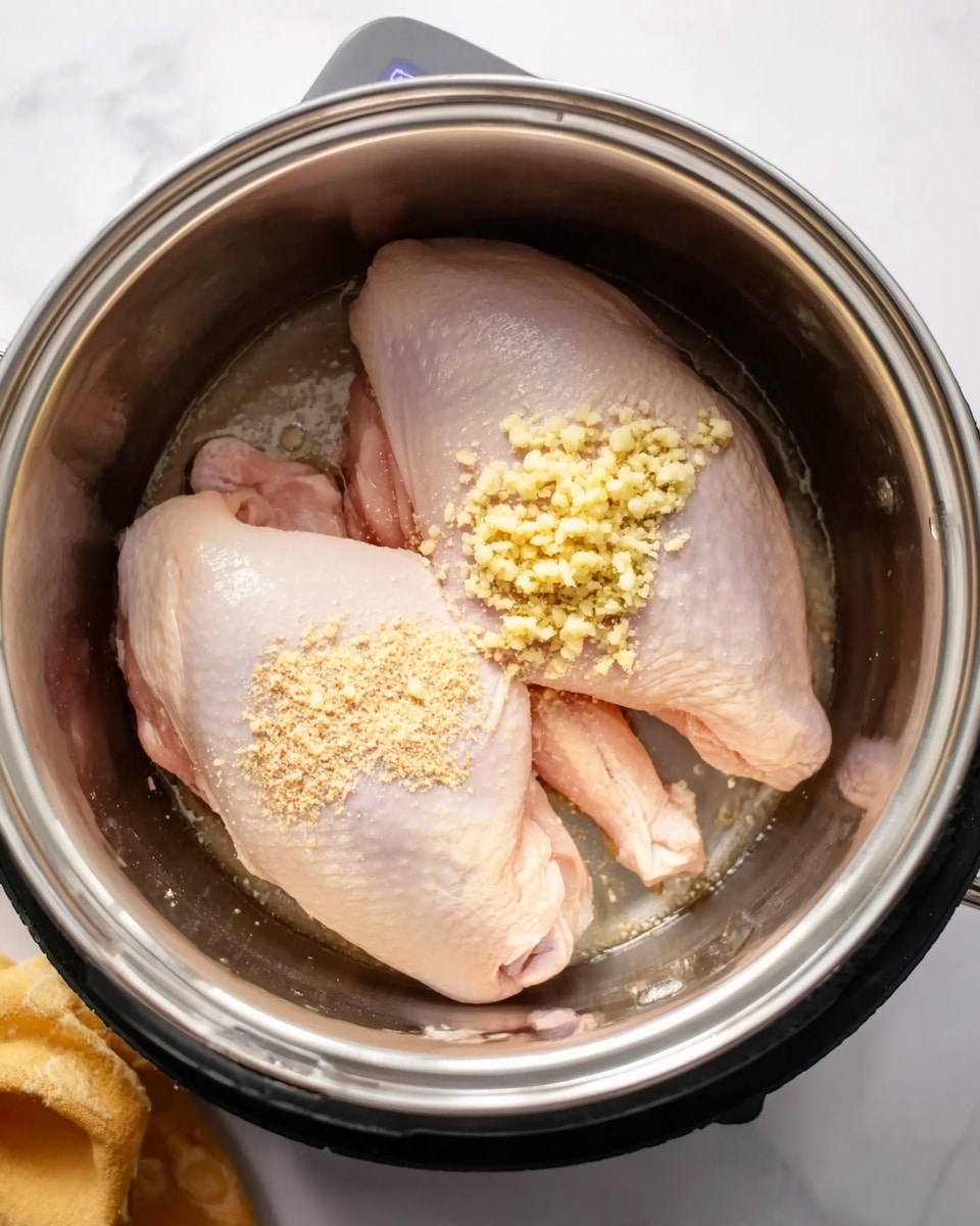 A black pot filled with a warm soup is shown from above, sitting on a white marbled surface. The soup has a rich brown broth with pieces of light beige shredded chicken and small yellow corn kernels floating in it, giving it a thick and hearty look. A white cloth with red stripes is folded and partly visible underneath the pot's handles. To the right side, fresh green cilantro leaves and a whole purple onion are arranged neatly, adding a fresh, natural feel to the scene. Photo taken with an iphone --ar 4:5 --v 7