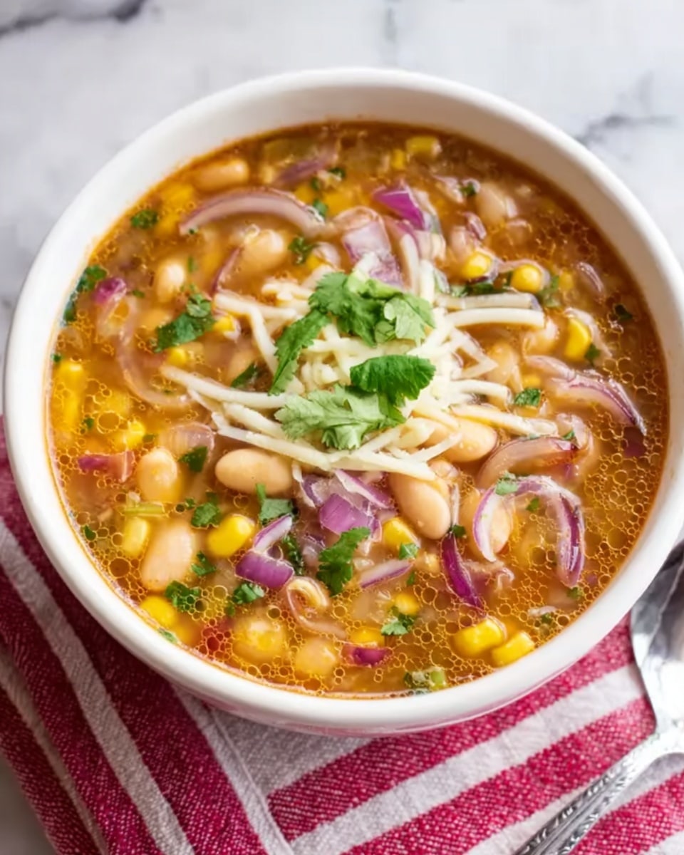 A white bowl filled with a colorful soup, featuring layers of light brown broth with small bubbles on the surface, bright yellow corn kernels, chopped red onion rings, and light tan beans mixed in. On top, there is a small pile of shredded white cheese with a few fresh green cilantro leaves, adding a fresh touch. The bowl sits on a white marbled surface with a red and white striped cloth partially visible underneath, and a silver spoon nearby. Photo taken with an iphone --ar 4:5 --v 7