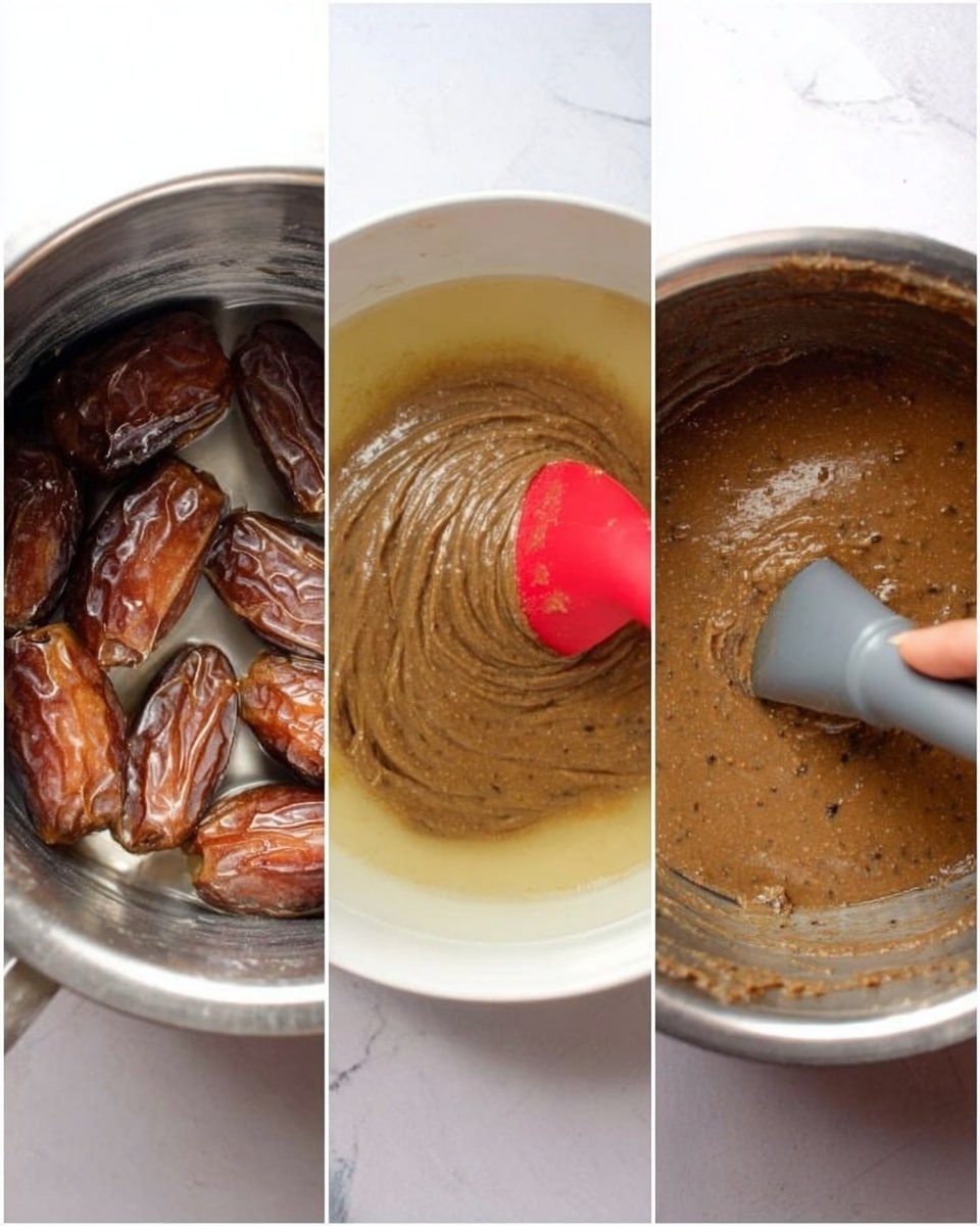 The image shows three close-up photos side by side on a white marbled surface, each capturing a different stage of making a brown paste. The first photo shows a silver pot filled with brown dates soaking in a slightly yellowish liquid. The second photo features a white bowl with light brown, thick paste being mixed using a red spatula held by a woman's hand. The third photo displays a silver bowl with a smoother, darker brown paste being stirred with a gray masher, capturing a thick texture with small bits visible. photo taken with an iphone --ar 4:5 --v 7