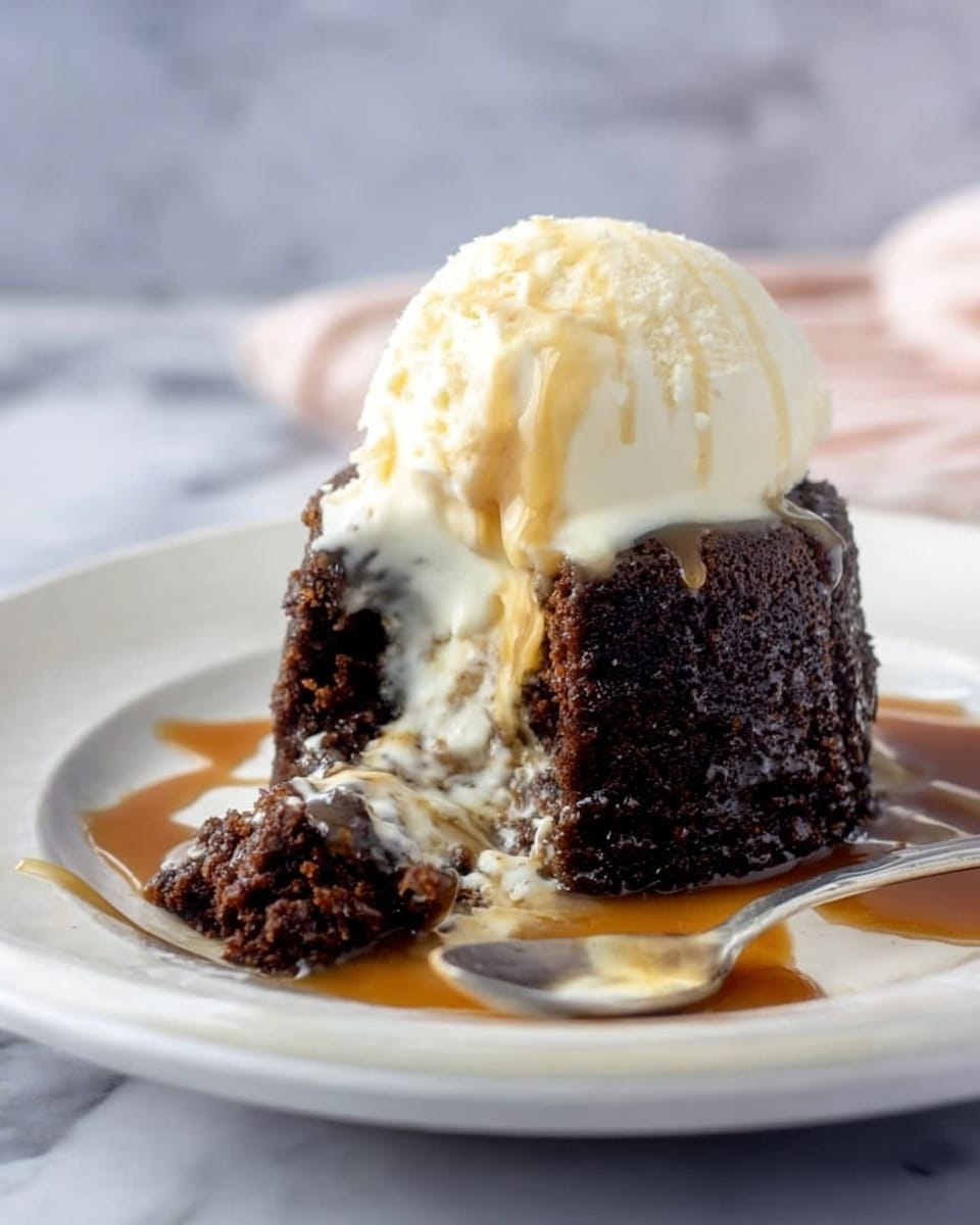 A dark brown, moist chocolate cake forms the base layer, sitting on a glossy pool of caramel sauce on a white plate. On top of the cake is a single scoop of creamy vanilla ice cream, which is slightly melting down the sides. Above the ice cream is a generous swirl of white whipped cream, drizzled with caramel sauce that cascades down over the ice cream and cake. The background is soft and blurred, with a white marbled surface underneath the plate. photo taken with an iphone --ar 4:5 --v 7