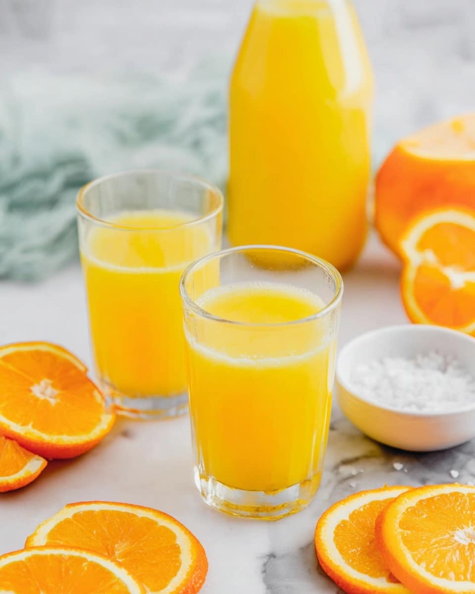 A clear glass filled halfway with bright yellow-orange juice is being poured from a glass bottle with a metal clasp and white cap, held by a woman's hand from the upper left corner. The glass sits on a round white marble coaster placed on a light wood table with a white marbled texture. Around the glass, there are fresh orange slices and a wooden round board with orange halves. The background is softly blurred with bright and light tones. Photo taken with an iphone --ar 4:5 --v 7