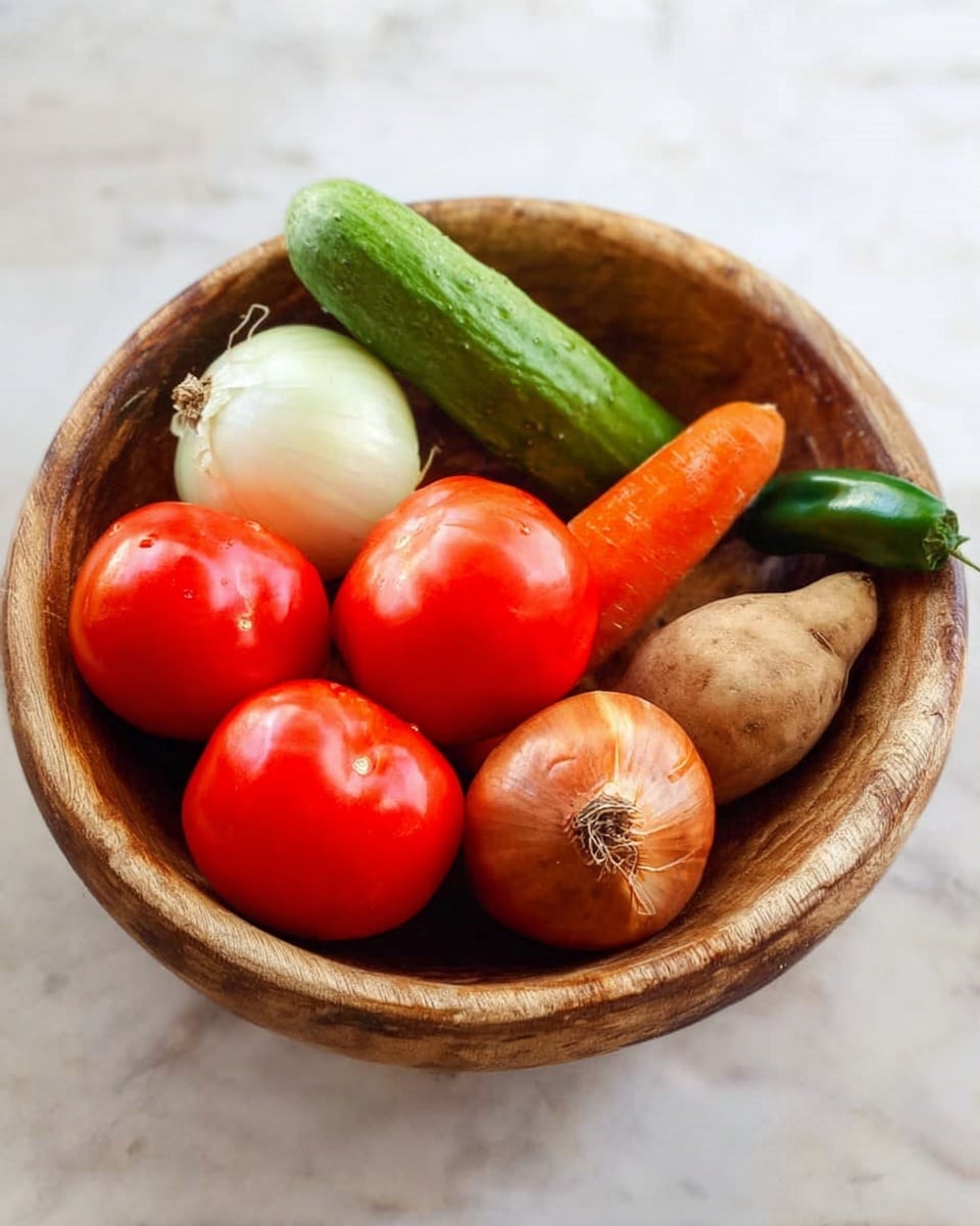 A wooden bowl filled with five bright red tomatoes, one green cucumber, one white onion with its skin, one orange carrot, one brown round root vegetable, and a small green chili pepper, all sitting on a white marbled surface photo taken with an iphone --ar 4:5 --v 7