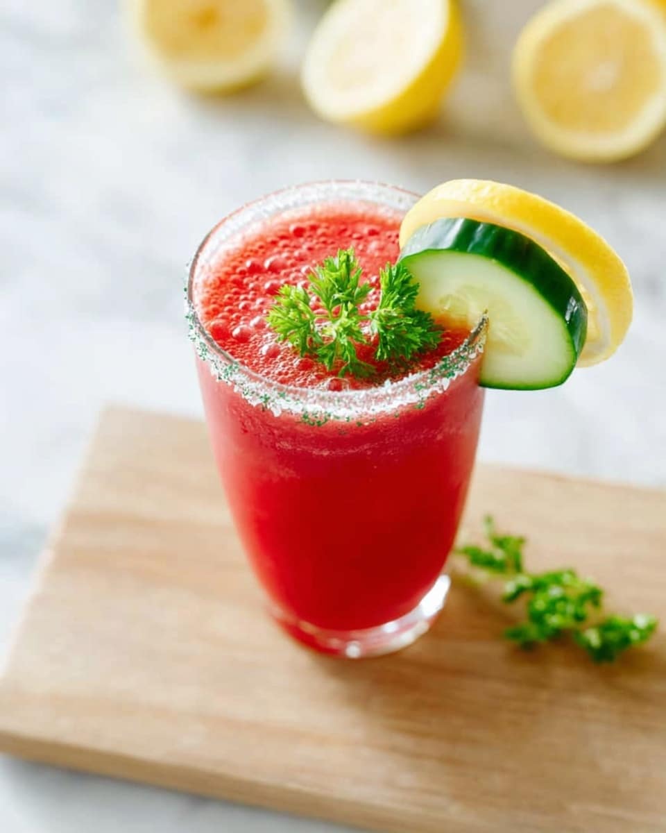 A tall clear glass filled with a bright red drink that has a smooth texture and tiny bubbles on top. The rim of the glass is coated with shiny salt crystals. Garnishing the drink are a thin green cucumber slice, a yellow lemon slice, and a small bright green sprig of parsley, all perched on the rim. The glass is placed on a light wooden square board set on a white marbled surface with lemon slices blurred in the background. Photo taken with an iphone --ar 4:5 --v 7