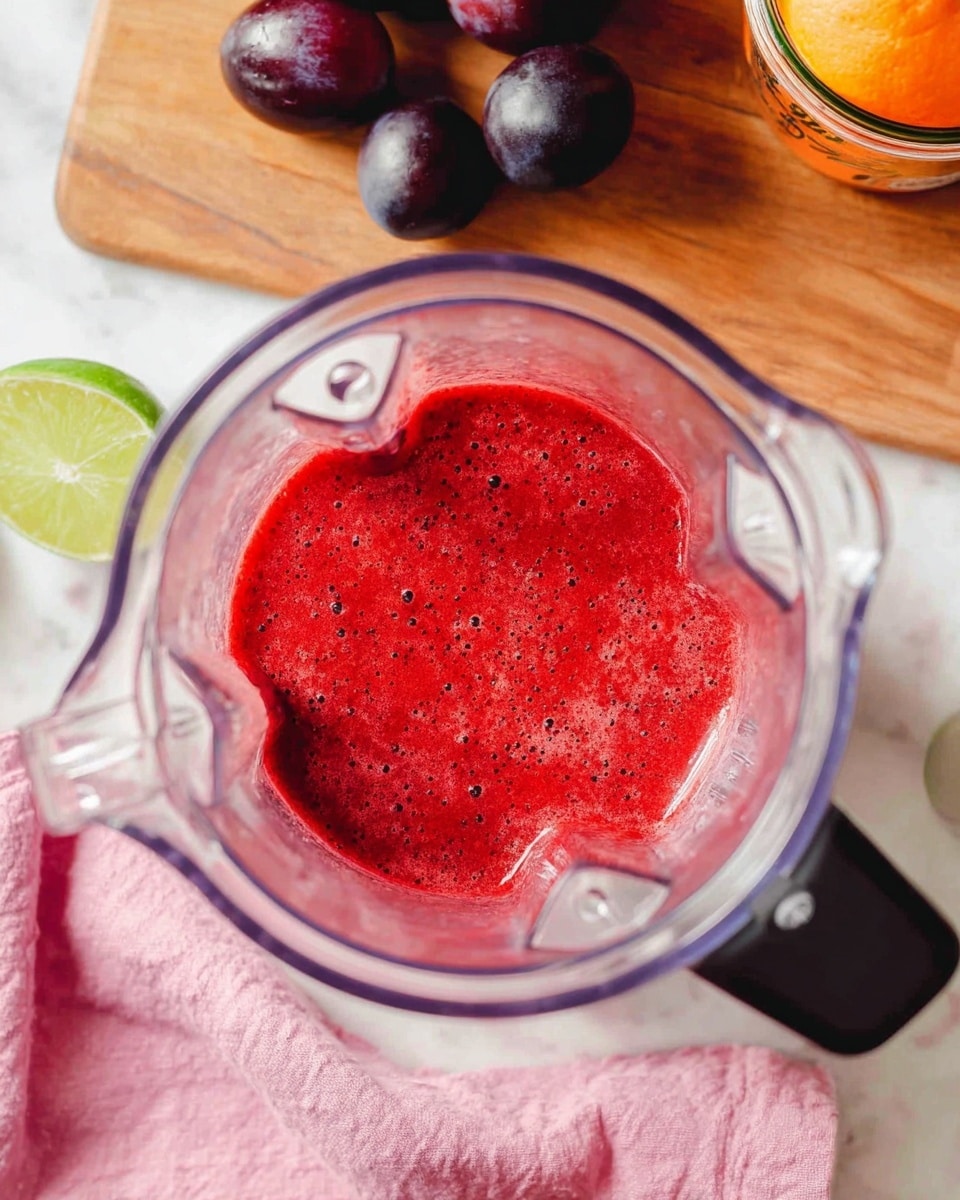 A clear blender container filled with a bright red smoothie that has tiny dark specks evenly spread throughout the smooth top layer. The blender sits on a white marbled surface with a wooden cutting board nearby, holding whole dark purple plums, half a lime, and an orange jar, all partly resting on a pink cloth. Photo taken with an iphone --ar 4:5 --v 7