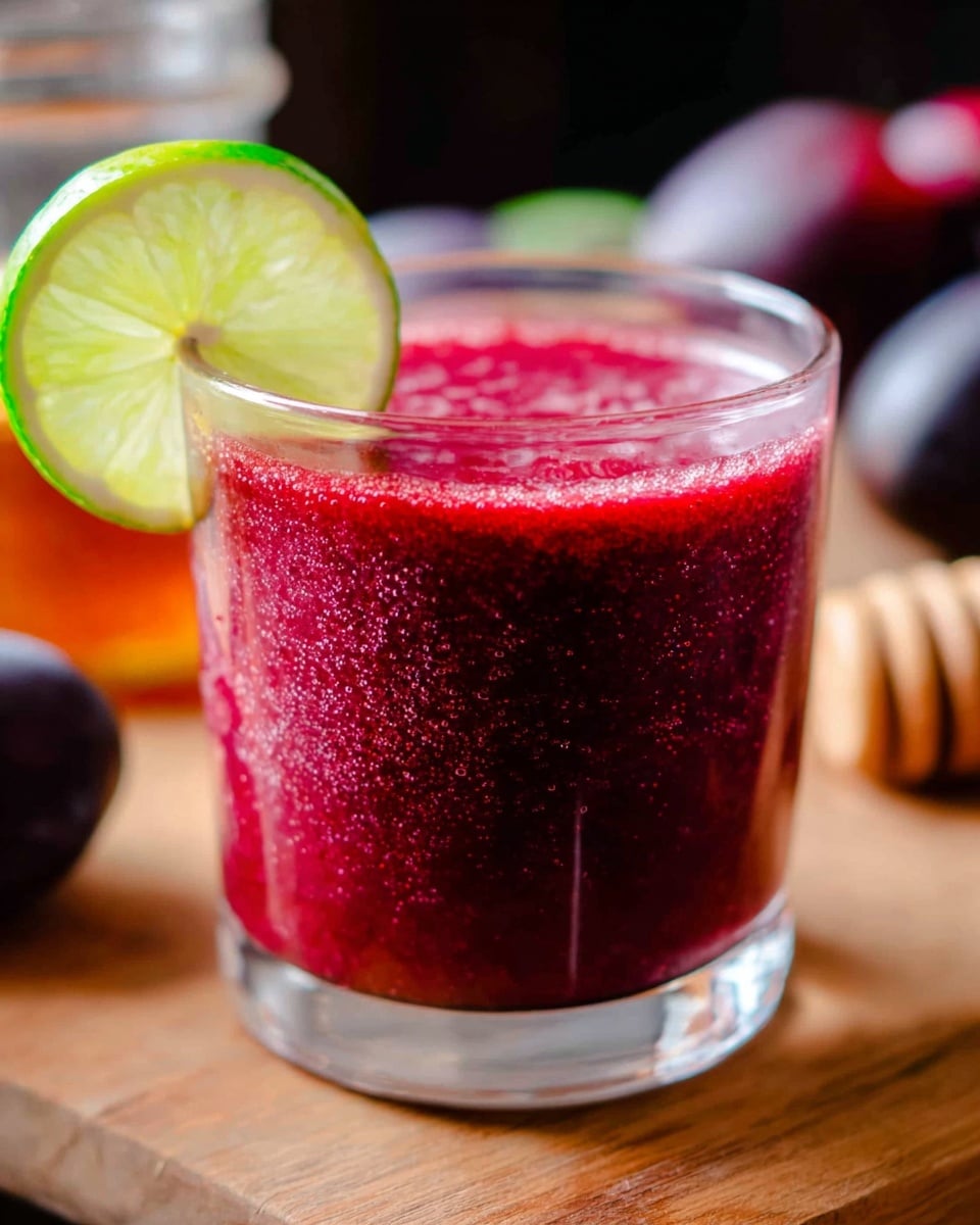 The image shows two clear glasses filled with a thick, bright red-purple smoothie that has a slightly frothy surface. The glasses are placed on a light wooden board, which also holds whole dark purple plums, a lime wedge with a pale green interior, a wooden honey dipper, and a honey bottle in the background. The setting is on a white marbled surface with a soft pink cloth in the back, adding a gentle touch of color to the clean, fresh scene. photo taken with an iphone --ar 4:5 --v 7