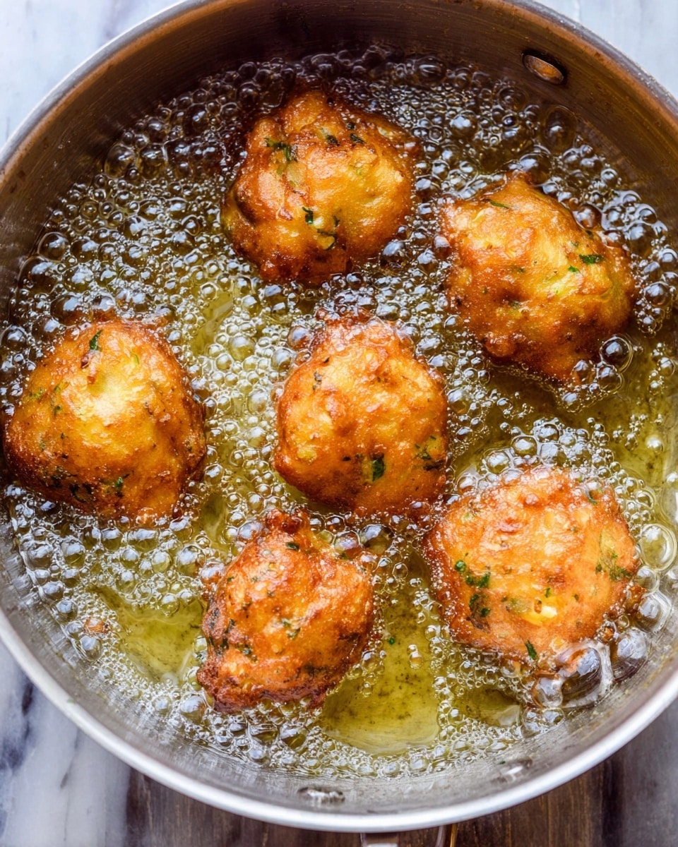 The image shows a white marbled surface with a blue plate holding four golden-brown fried fritters, one of which is broken open to reveal a soft inner layer with white pieces and small bits of green and orange. Next to the fritters, on the left side of the plate, there is a light green creamy sauce with a smooth texture, partly smeared with a piece of the fritter. Near the sauce, a bright yellow lemon wedge rests on the plate. Small green herb pieces are sprinkled on the fritters and scattered around the plate. The photo taken with an iphone --ar 4:5 --v 7