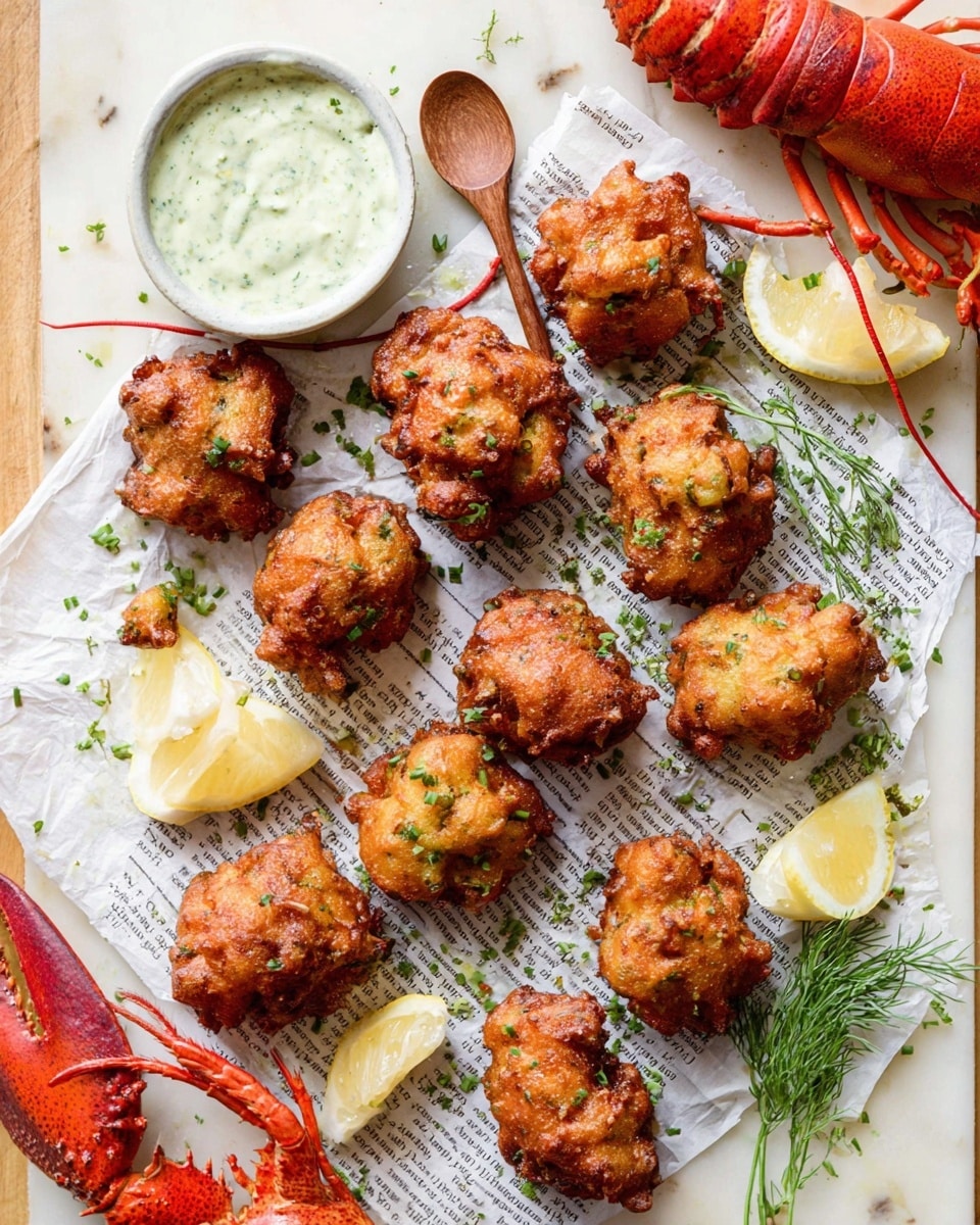 The image shows around twelve golden-brown, crispy fried fritters, each with an irregular round shape and a rough, bumpy texture. They are sprinkled with small green herbs and placed on white paper that looks like newspaper. Two white lemon wedges are on two corners of the paper, and two long red lobster antennae partially frame the scene, with one lobster claw visible at the bottom left and a lobster tail at the top right. Fresh sprigs of green herbs lie around the fritters. A small, white bowl filled with creamy greenish sauce and a small wooden spoon is placed near the top left. The background is a white marbled surface. photo taken with an iphone --ar 4:5 --v 7