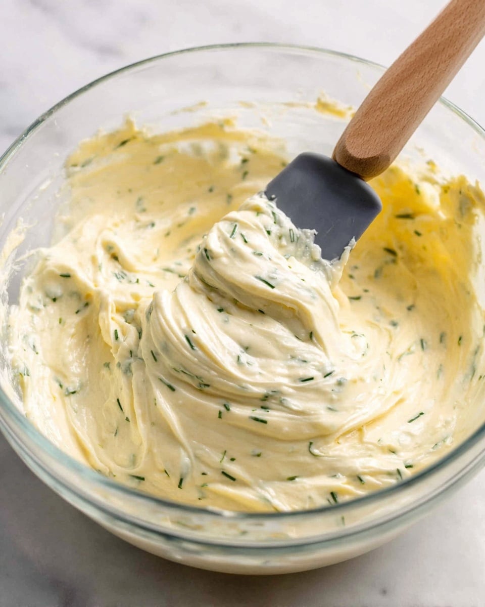 A clear glass bowl filled with a creamy pale yellow mixture that has small green herb pieces spread evenly throughout. A spatula with a wooden handle and a dark rubber head is partially dipped into the thick, smooth mixture, which has soft swirls and peaks showing its fluffy texture. The bowl rests on a white marbled surface. Photo taken with an iphone --ar 4:5 --v 7