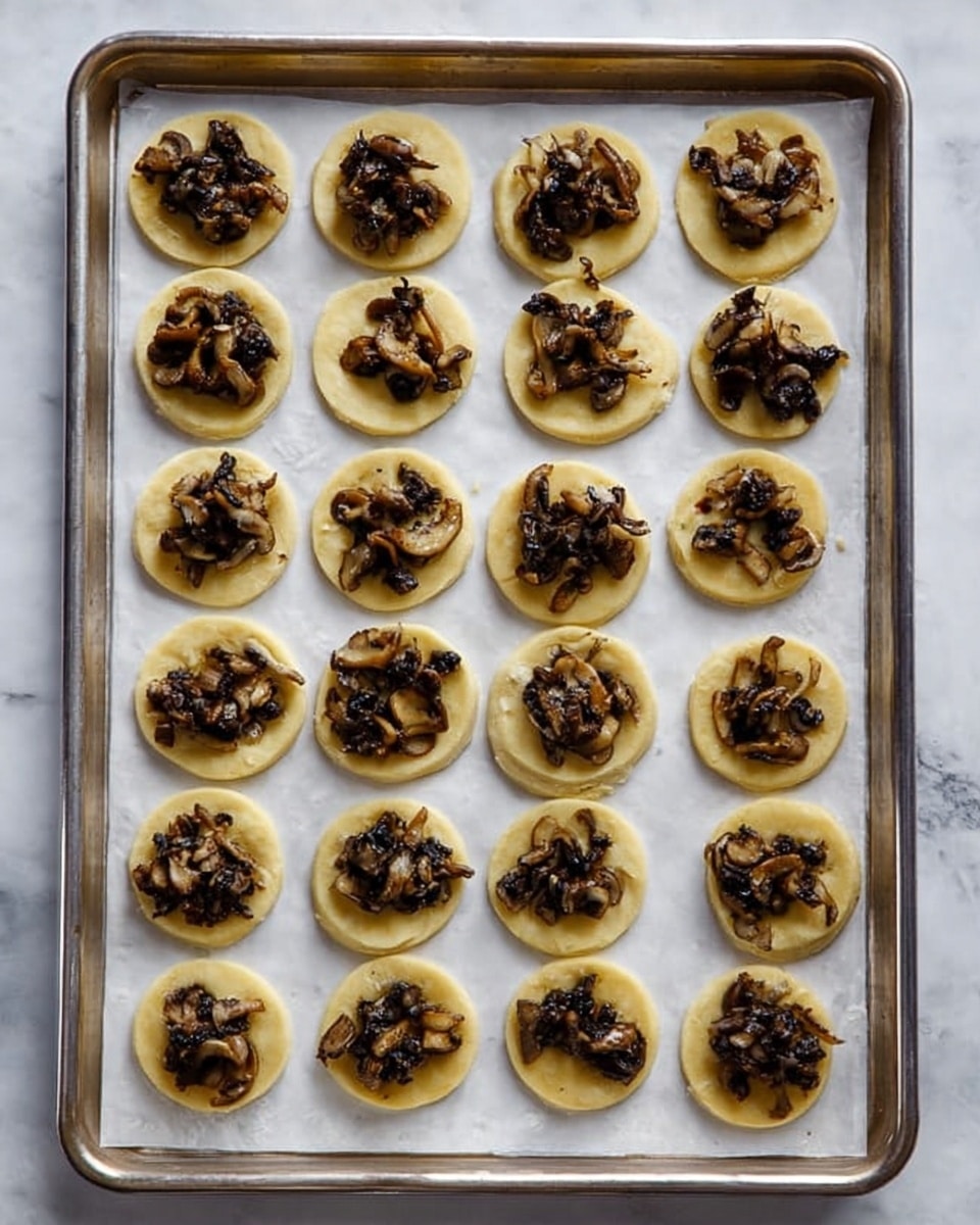 A baking tray with 24 small round dough circles spread out in a 4 by 6 grid. Each dough circle is pale yellow and flat, topped with a small pile of cooked mushrooms in dark brown and black shades with a slightly shiny texture. The tray is lined with white parchment paper, and the background is a white marbled texture. photo taken with an iphone --ar 4:5 --v 7
