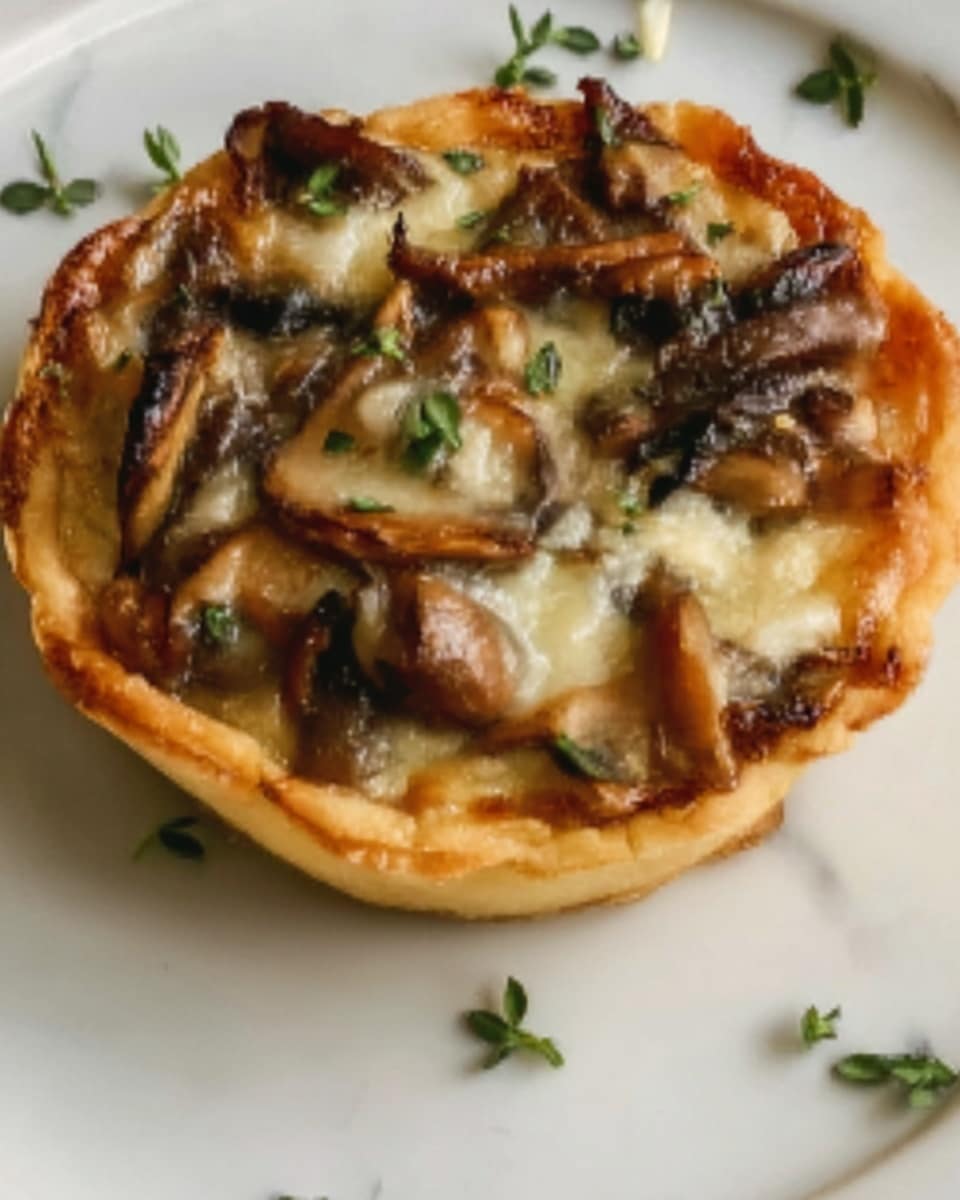 The image shows a white plate with nine small round pastry puffs arranged unevenly, each topped with a mixture of cooked dark brown mushrooms and shredded melted cheese that is light golden in color. Some pastries have small green herb sprigs placed on top, adding a fresh touch. The pastries have a flaky, light golden crust that looks soft and layered. On the left side of the plate, there are a few sprigs of fresh green rosemary for decoration. The plate is set on a white marbled surface and there is a gray and white striped cloth partially visible in the background, along with a white bowl holding fresh green leaves. Photo taken with an iphone --ar 4:5 --v 7