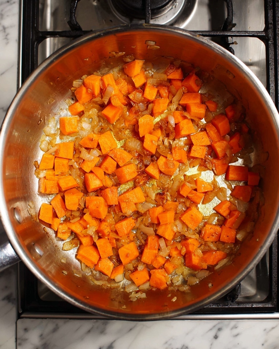 A close-up top view of a metal pot on a stove filled with small pieces of cooked orange carrots and onions, showing a light coating of oil and some browning. The carrots are cut into small cubes and mixed evenly with the translucent, slightly browned onions. The inside of the pot is shiny and reflective, with a warm orange hue from the cooked vegetables, placed on a black stove grates with a white marbled surface around it. photo taken with an iphone --ar 4:5 --v 7
