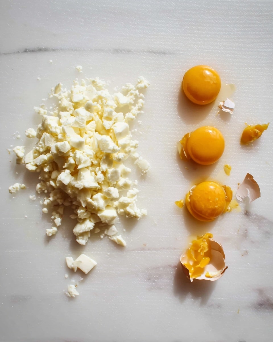 The image shows a white cutting board with two main parts: on the left side, there is a pile of finely chopped white egg whites with small pieces irregularly shaped. On the right side, there are six whole but split and crumbling cooked egg yolks arranged in a line. The background surface is a white marbled texture, and the lighting is soft and natural. photo taken with an iphone --ar 4:5 --v 7