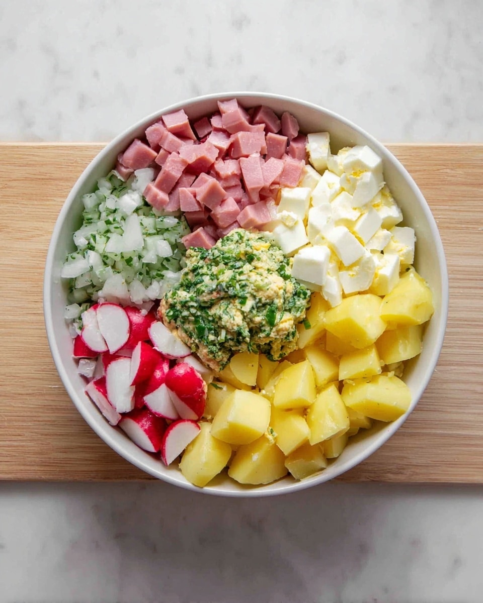 A white bowl filled with a creamy soup layered with colorful chopped ingredients including pale yellow potatoes, pink slices of ham, white pieces of egg, bright red radishes, and green vegetables like cucumber and dill, all mixed in a light creamy broth. A silver spoon is placed inside the bowl on the right side, resting on a soft beige cloth, with a white marbled surface underneath. photo taken with an iphone --ar 4:5 --v 7