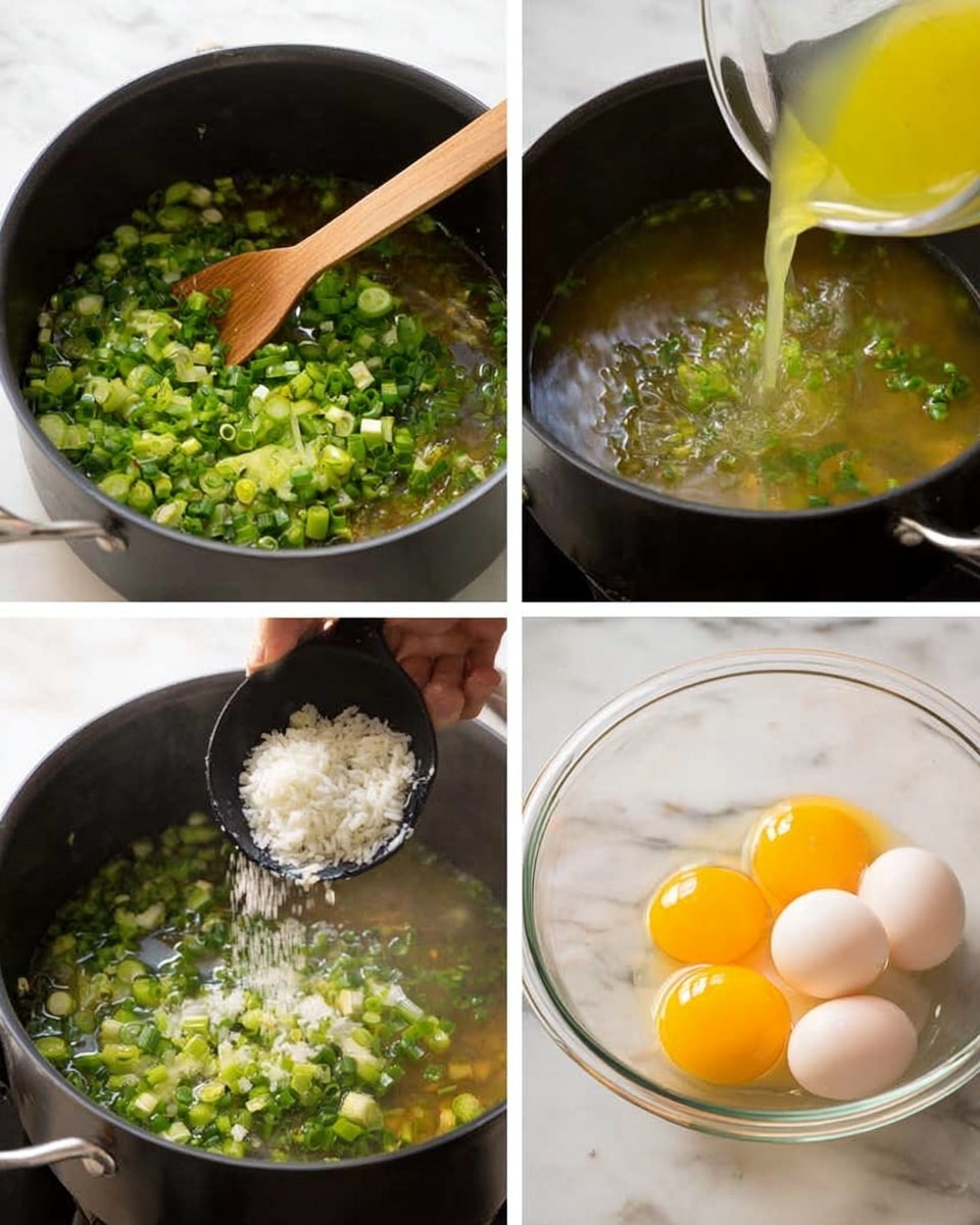 The image shows four steps of cooking in a black pot and a clear glass bowl on a white marbled surface. The top left shows green spring onions being stirred with a wooden spatula in the pot, spreading brightly with a fresh green color. The top right shows a clear yellow liquid being poured into the pot full of spring onions, creating a thin layer of warm broth. The bottom left shows the pot again, now full of broth and spring onions with some seasoning, while a woman's hand pours white rice from a black scoop into the pot. The bottom right shows a close-up of a clear glass bowl with three raw cracked eggs and a clear liquid being poured inside. Photo taken with an iphone --ar 4:5 --v 7