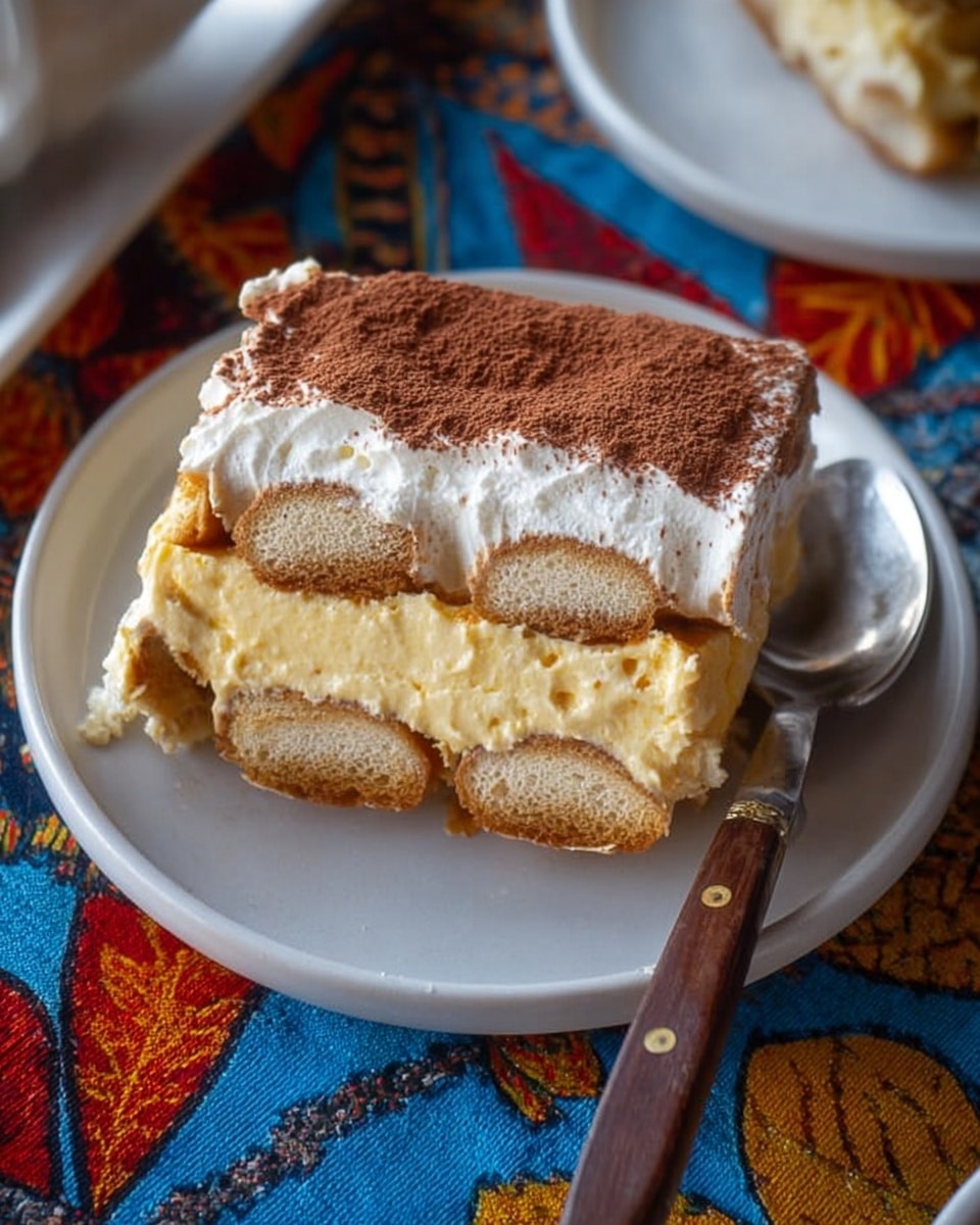 A rectangular slice of layered dessert is shown on a white rectangular plate sitting on a blue patterned cloth with yellow and white details. The dessert has three visible layers: the bottom layer is light brown with a soft, slightly crumbly texture, the middle layer is a darker golden brown with a denser look, and the top layer is a thick white cream sprinkled unevenly with a fine dusting of brown powder. The top surface of the cream looks fluffy and swirled. The plate is placed on a white marbled surface with blurred small orange pumpkins and brown jars in the background. Photo taken with an iphone --ar 4:5 --v 7