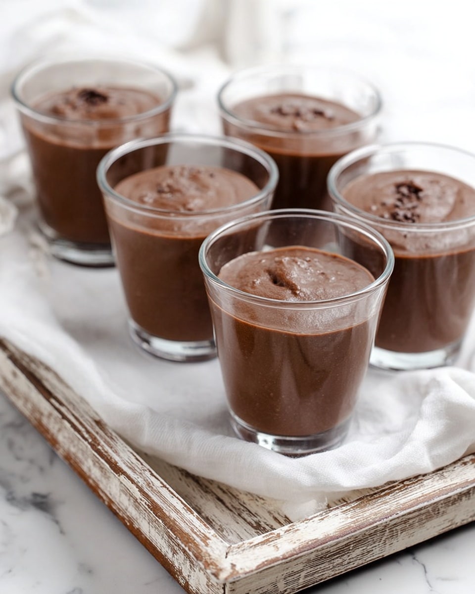 There are five clear glass cups filled with smooth, creamy chocolate pudding. Each cup shows one thick layer of rich, dark brown pudding with a slightly shiny surface. The cups sit on a white cloth, which is placed on a worn wooden tray with peeling paint, all set on a white marbled background. The scene looks clean and simple, focusing on the smooth texture of the pudding and the simple glass cups. photo taken with an iphone --ar 4:5 --v 7