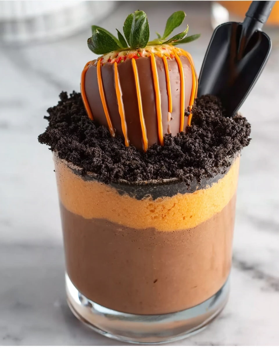 The image shows several clear glass cups filled with three layers: a smooth, light brown chocolate layer at the bottom, a thin, dark brown layer of crushed cookie crumbs in the middle, and a thicker, rough layer of black cookie crumbs on top, creating a soil-like texture. Each cup is decorated with one large strawberry dipped in orange chocolate, placed on the black crumb layer like a carrot in soil, with green leaves on top for a fresh look. The strawberries have orange chocolate drizzle on them. Next to one cup is a small white plastic shovel with a black scoop, adding a playful garden theme. The cups sit on a white marbled surface with some cookie crumbs scattered nearby. The photo taken with an iphone --ar 4:5 --v 7
