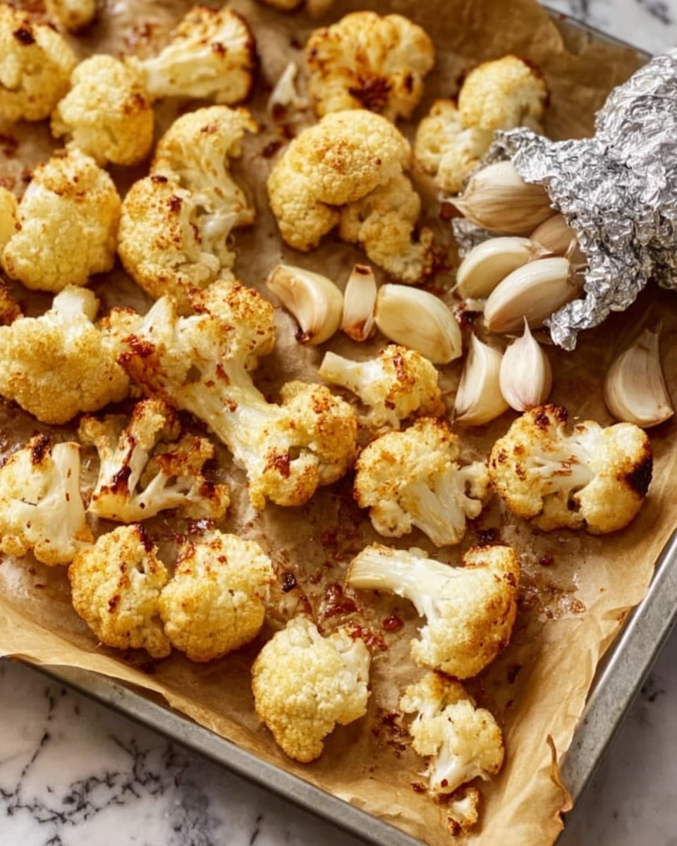 The image shows many roasted cauliflower florets spread out on a baking tray lined with parchment paper. The cauliflower pieces are golden brown with some darker spots, showing they are well roasted. On the right side, there is a small bundle of garlic cloves partially wrapped in silver foil. The tray is placed on a surface with a white marbled texture. The image captures the cauliflower and garlic clearly and brightly, with a close-up view that shows the texture and color details. Photo taken with an iphone --ar 4:5 --v 7