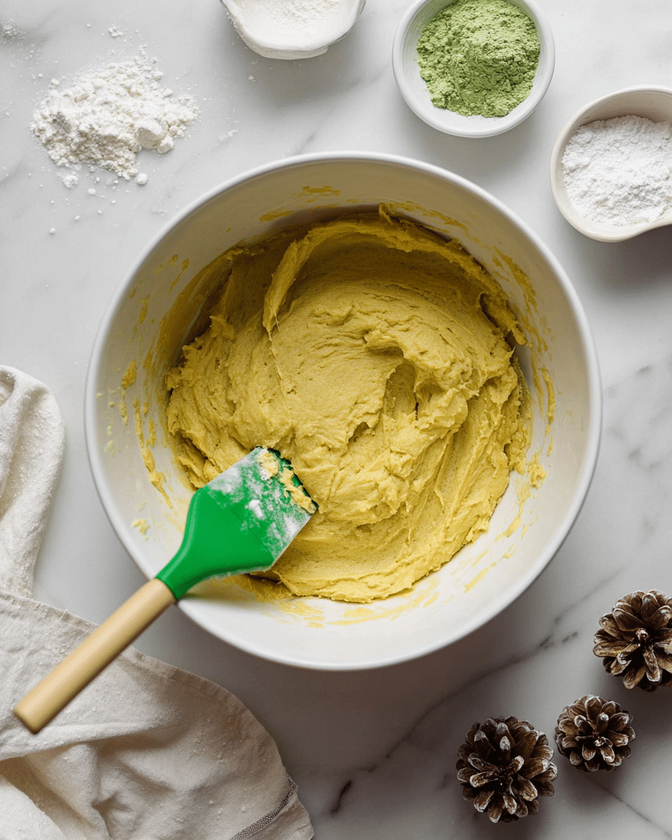 There are three neat rows of green round cookies with cracked surfaces, each cookie generously dusted with white powdered sugar that highlights the cracks and uneven texture. The cookies are placed on a white marbled surface that shows subtle gray and black veins. The powdered sugar is slightly scattered around the cookies, creating a soft, snowy effect on the marble. The green color of the cookies contrasts with the bright white powdered sugar, giving the image a fresh and inviting look. photo taken with an iphone --ar 4:5 --v 7