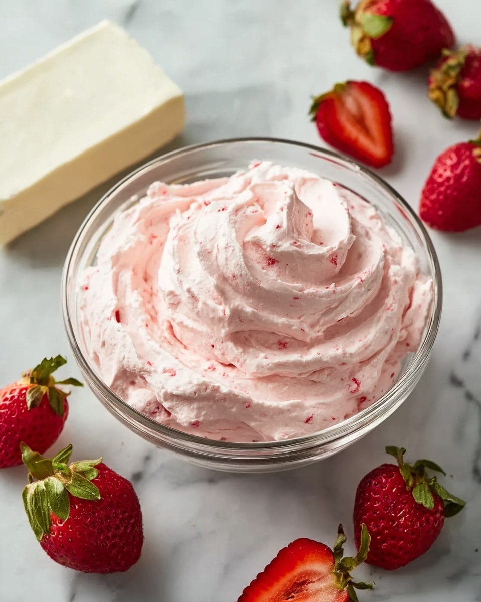 A close-up view of a pink layered cake slice on a white plate, placed on a white marbled surface. The cake has three main layers of soft pink sponge with a slightly rough texture. Between the sponge layers are thick fillings of white cream mixed with small pieces of red fruit. The top layer of the cake is covered with smooth light pink frosting, and a fresh half strawberry with its green leaves rests neatly on one corner. Next to the slice on the plate is a silver fork. In the blurry background, the rest of the cake is visible with the same pink layers and frosting, showing the whole dessert's depth and color. Photo taken with an iphone --ar 4:5 --v 7