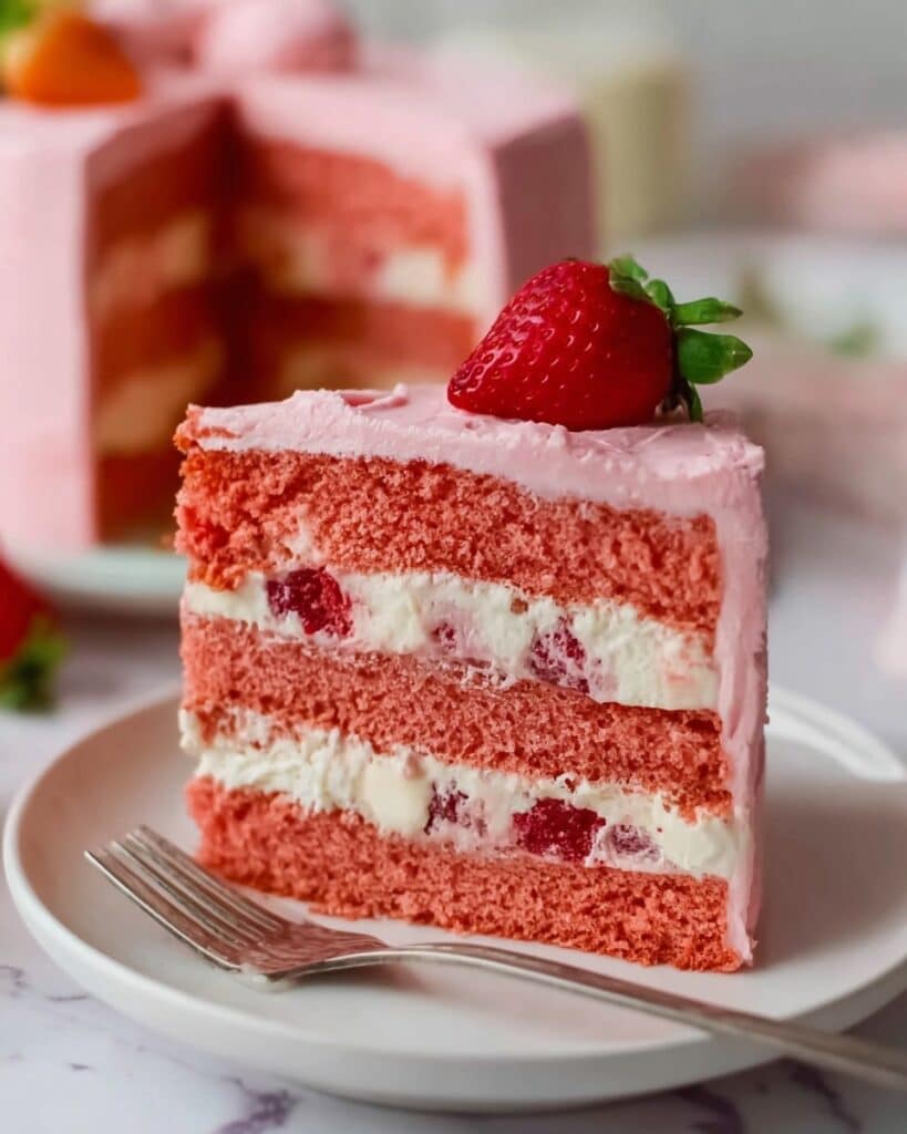Strawberry Cake with Cream Cheese Frosting & Fresh Filling