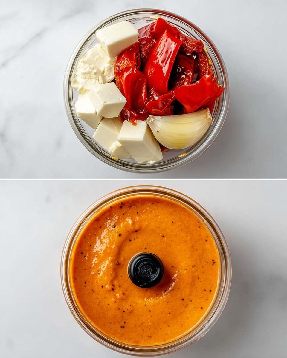This image shows a thick, creamy orange dip spread evenly in a shallow white bowl. The surface of the dip has a smooth, slightly swirled texture with a few small peaks and valleys. Scattered on top are small white crumbles, dark red flakes, and finely chopped green herbs, adding color contrast and texture. The bowl sits on a white marbled surface, giving a clean and bright setting to the dish. photo taken with an iphone --ar 4:5 --v 7