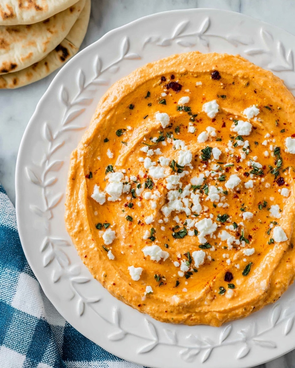 A white plate with a raised leaf pattern around the edge holds a creamy orange dip with a smooth but slightly textured surface. The dip is spread in a circular shape with gentle swirls, topped with small white crumbles of cheese scattered unevenly. Tiny green herb pieces are sprinkled across the dip, along with small bits of dark red flakes, adding color contrast. Part of some flatbread pieces are visible on the upper left side of the frame, resting on a white marbled surface, with a blue and white checkered cloth peeking in from the bottom left corner. Photo taken with an iphone --ar 4:5 --v 7