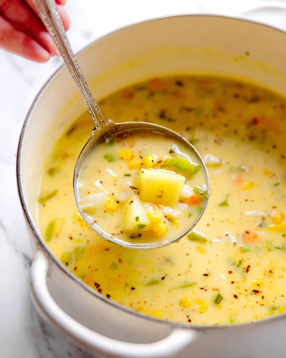 A close-up of a large white pot filled with creamy yellow soup that has visible herbs and spices floating on the surface. A silver ladle held by a woman's hand is scooping out the soup, showing chunks of yellow potatoes, pieces of green bell pepper, bits of corn, and small white onion slices, all mixed in a smooth, light yellow creamy broth with a slightly thick texture. The background is a white marbled surface. photo taken with an iphone --ar 4:5 --v 7