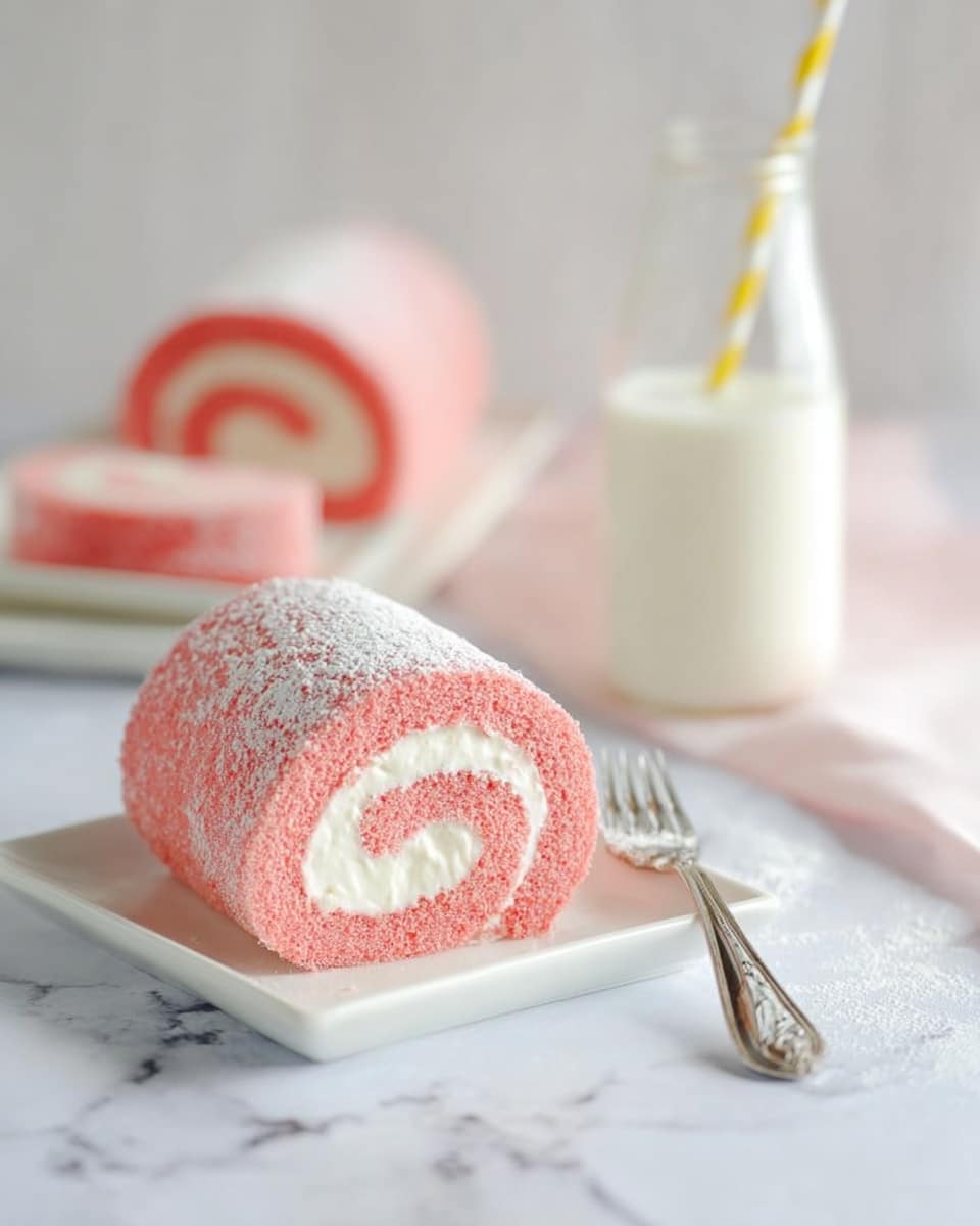 A pink Swiss roll cake with a light dusting of powdered sugar on top sits in the center of a white rectangular plate on a white marbled surface covered with white lace fabric. The roll has two visible layers: a smooth pink outer sponge layer with a soft shiny texture, and a thick white cream filling spiraled inside. One slice is cut from the roll and lies in front of it on the plate, showing the swirl pattern clearly. A shiny metal cake server is positioned under the slice with a pink cake crumb on its edge. Nearby, a glass bottle with milk and a silver lid, alongside striped yellow and white straws, are placed to the left. Three silver forks rest on stacked white square plates in the lower-left corner of the image. The photo taken with an iphone --ar 4:5 --v 7