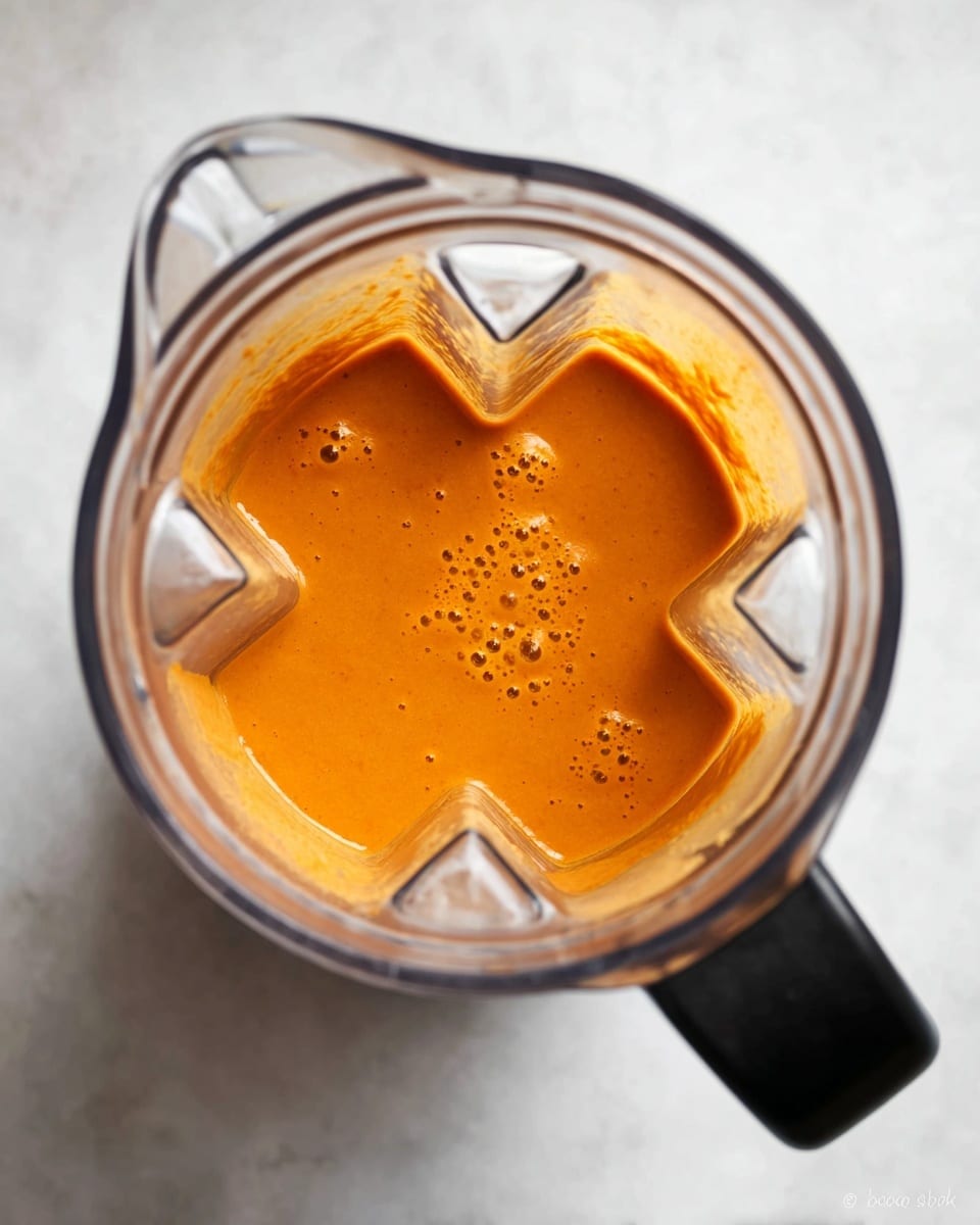 A clear blender jar with a black handle viewed from above contains a smooth orange sauce or puree. The sauce has a thick, creamy texture with small bubbles on the surface. The blender is set on a white marbled texture, contrasting with the bright orange color of the contents. The image captures the sauce filling about half the blender's height, showing the sharp edges and corners inside the jar. photo taken with an iphone --ar 4:5 --v 7