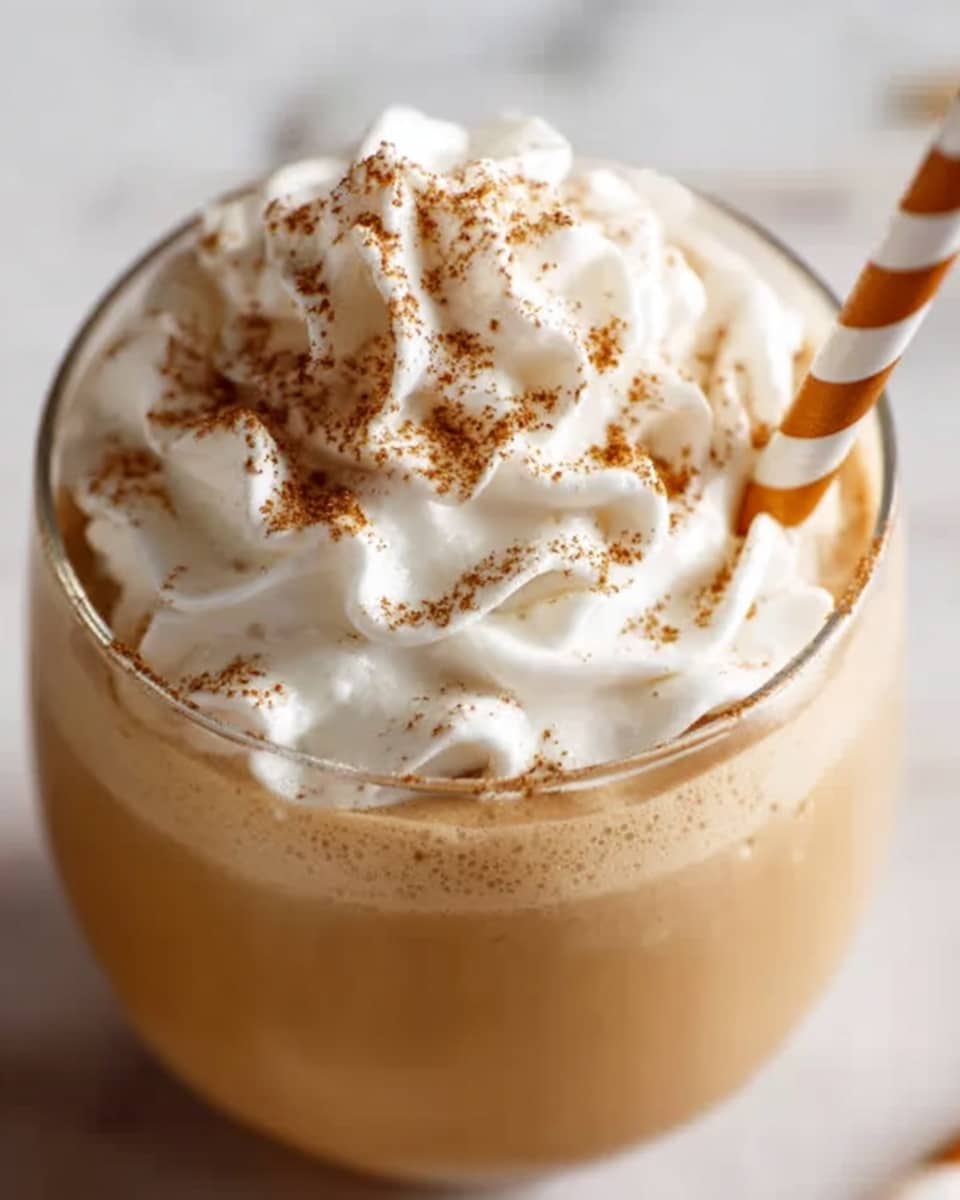 A clear glass filled with a smooth, thick, light orange smoothie sits on a decorative coaster with a rustic brown pattern. It is topped with a generous swirl of white whipped cream sprinkled lightly with brown cinnamon powder. A yellow and white striped paper straw is placed inside the glass on the right side. In the background, there are two more glasses of similar smoothies, one with whipped cream and one without, all on a white marbled surface. A striped beige and white cloth is casually placed on the right side near the glass. Two more striped paper straws lie on the surface in the bottom left corner. photo taken with an iphone --ar 4:5 --v 7