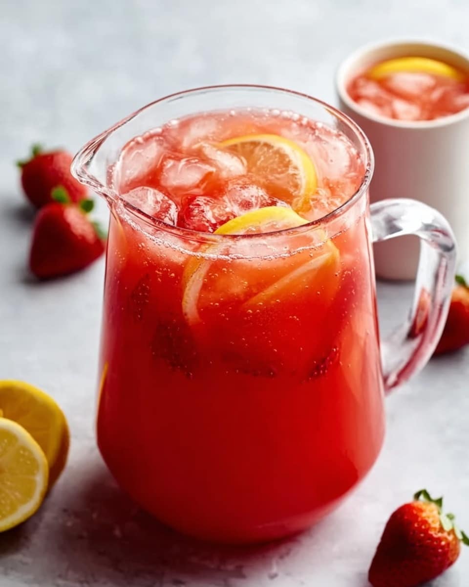 A clear glass pitcher filled with bright red strawberry drink sits on a white marbled surface, surrounded by two glasses of the same drink with ice cubes and garnished with strawberry halves; next to the pitcher there is a wooden board holding two whole yellow lemons, three sliced lemon pieces, and a few strawberries. Photo taken with an iphone --ar 4:5 --v 7