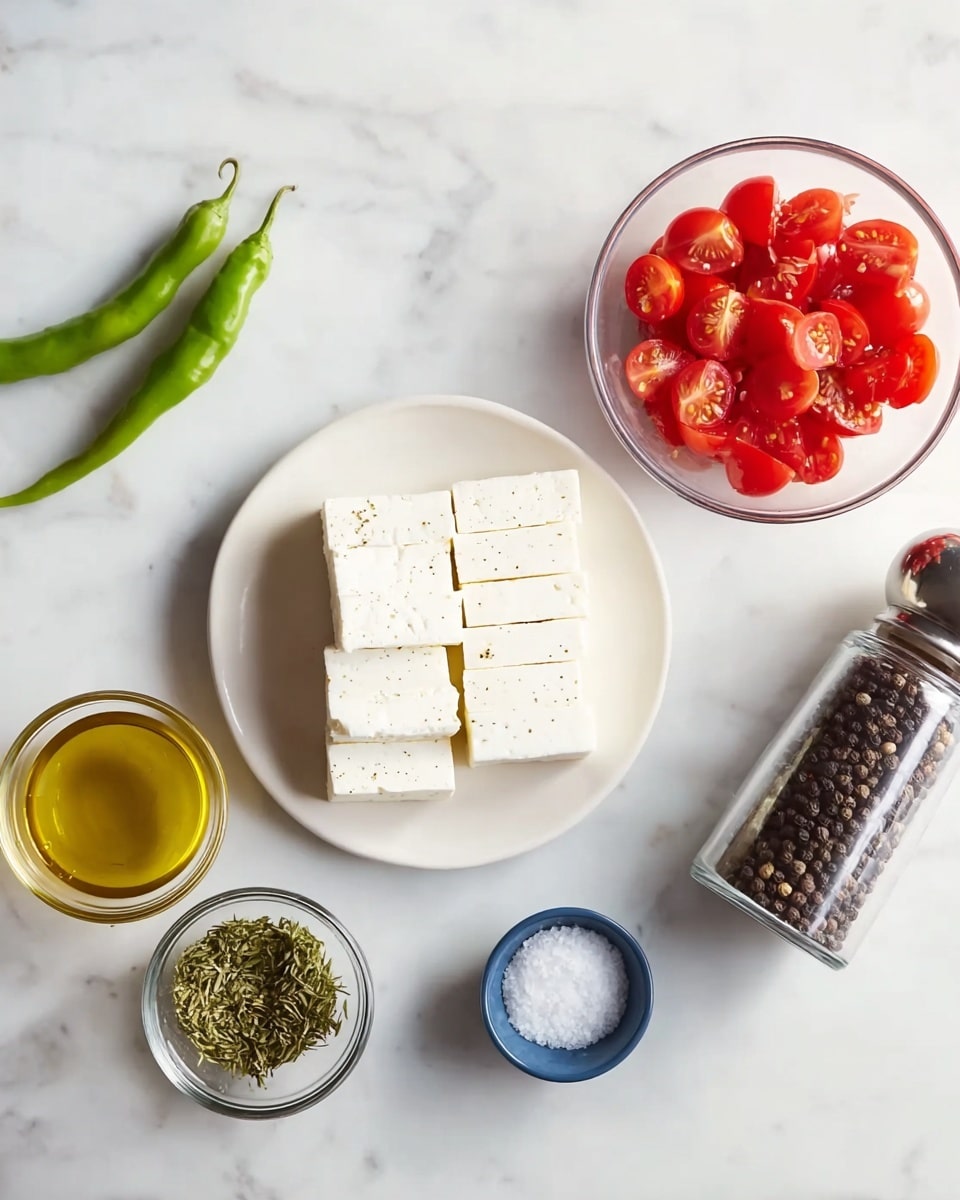The image shows a white bowl filled with creamy white cheese cubes topped with bright red roasted tomatoes and a single green chili pepper placed diagonally in the center. The cheese cubes are soft and smooth, taking most of the bowl space, while the roasted tomatoes are scattered evenly on top, their skin slightly wrinkled and glistening with oil. There is a light sprinkle of dried herbs visible over the cheese and tomatoes, giving a textured look. The whole scene rests on a white marbled surface. photo taken with an iphone --ar 4:5 --v 7