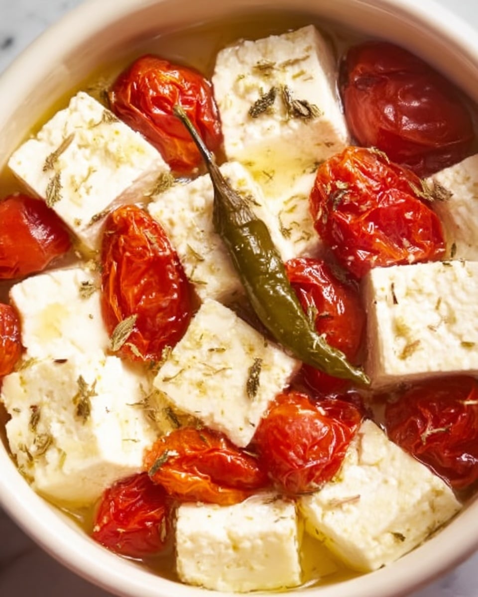 A white ceramic dish filled with a baked cheese and tomato mix sits on a white marbled surface. Inside the dish, there are two main layers: the bottom of the dish is covered with cubes of white cheese, topped with bright red cherry tomato halves and whole green chili peppers placed on top. The cheese looks soft with some herbs sprinkled over it, while the tomatoes are slightly roasted, showing a shiny texture. Around the dish, on the white marbled surface, there are round slices of toasted bread on the upper right, some breadsticks on the lower left, and a bowl of bright red cherry tomatoes in the top left corner. A striped blue and white cloth is partly visible at the bottom right. photo taken with an iphone --ar 4:5 --v 7