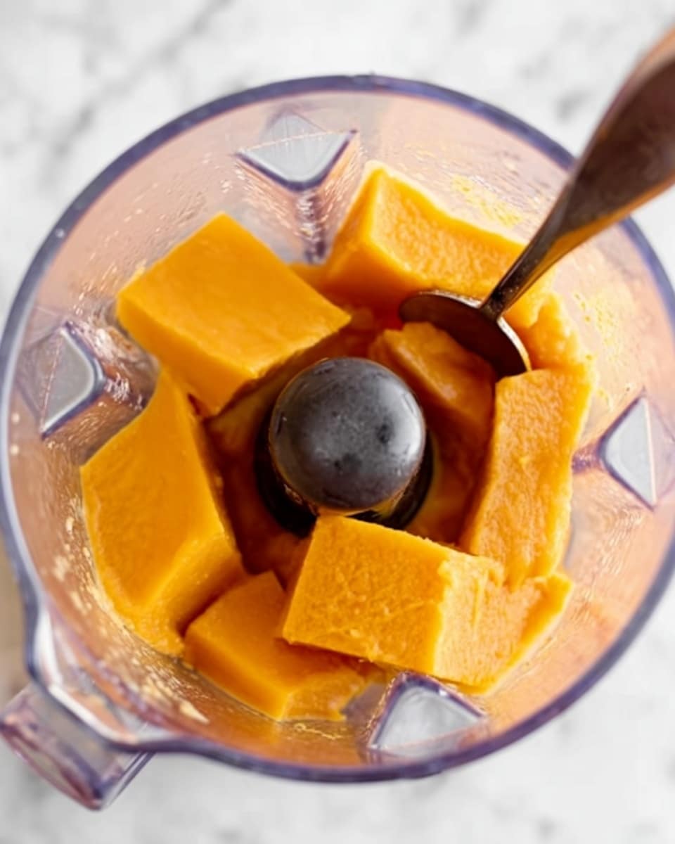 A close-up of a glass filled with a thick, light brown smoothie that has a slightly rough texture on top. Two orange and white zigzag-patterned straws stand upright in the middle of the drink. The glass is clear and placed on a white marbled surface, with a colorful striped cloth in the background. Photo taken with an iphone --ar 4:5 --v 7