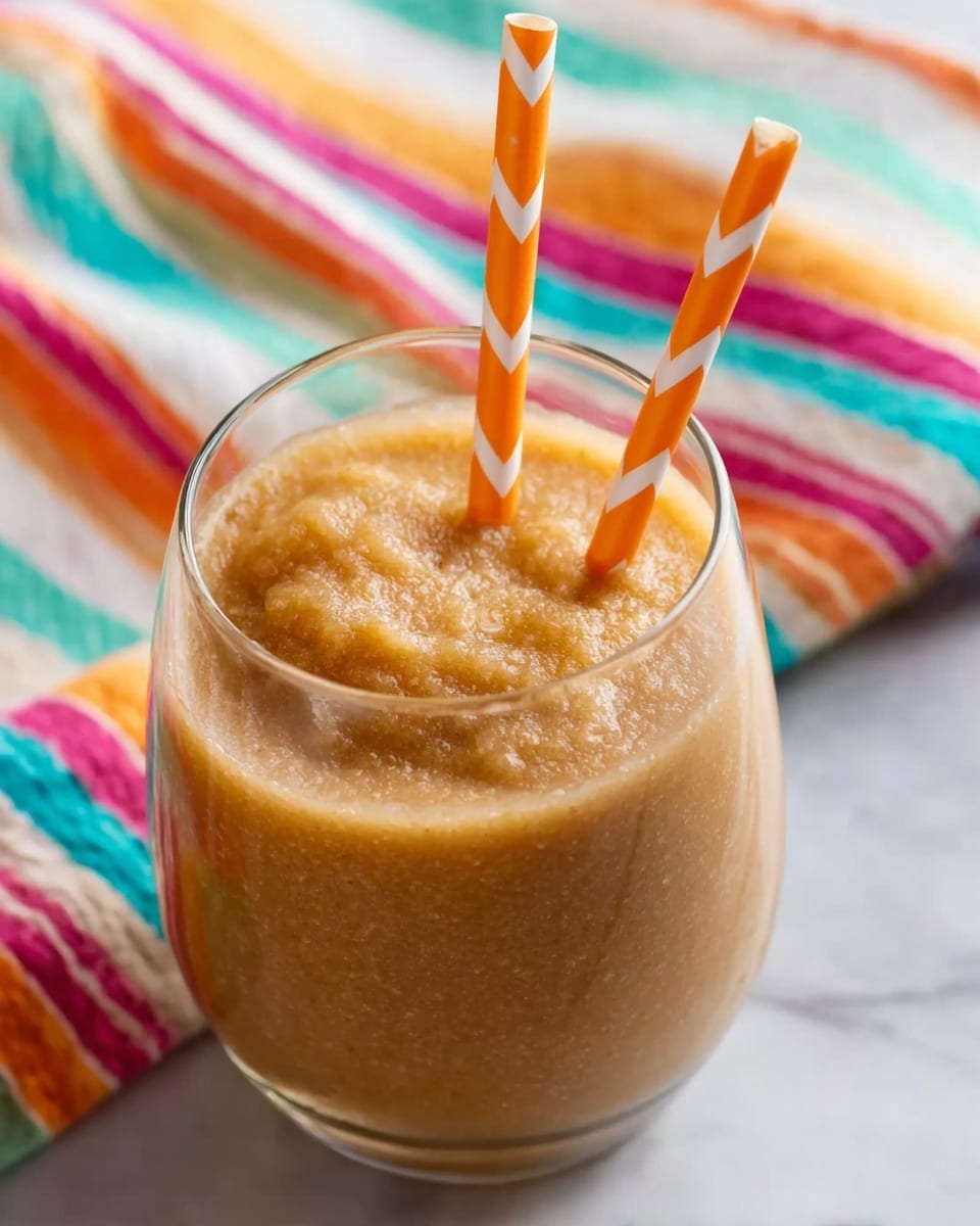 A clear glass filled with about two layers: the bottom layer is a thick, light brown coffee drink with a smooth texture, and the top layer is a large, fluffy, white cream dollop that almost reaches the glass rim. An orange and white striped straw sticks out from the cream near the back. The glass sits on a white marbled surface with a colorful striped cloth underneath, showing warm colors like red, blue, and orange. The background is blurred with soft warm tones. Photo taken with an iphone --ar 4:5 --v 7